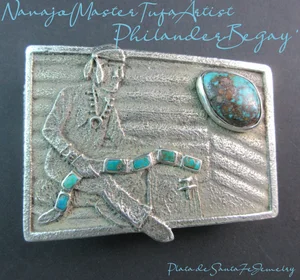 Silver and Turquoise NATIVE MADE Belt Buckle by Jolene Begay Small Stamped Belt Buckle – Two Rivers Trading main image 3