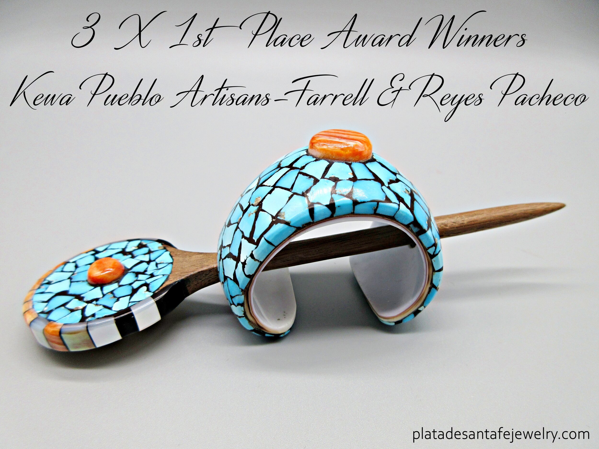 Bun Accessoires Haaraccessoires Haarsieraden Kewa Pueblo Award Winners-FARRELL/REYES PACHECO-Sonoran Turquoise Mosaic Inlay Tops-Hand Cut/Sculpted Oak Wood Hair Stick-2 Choices! 