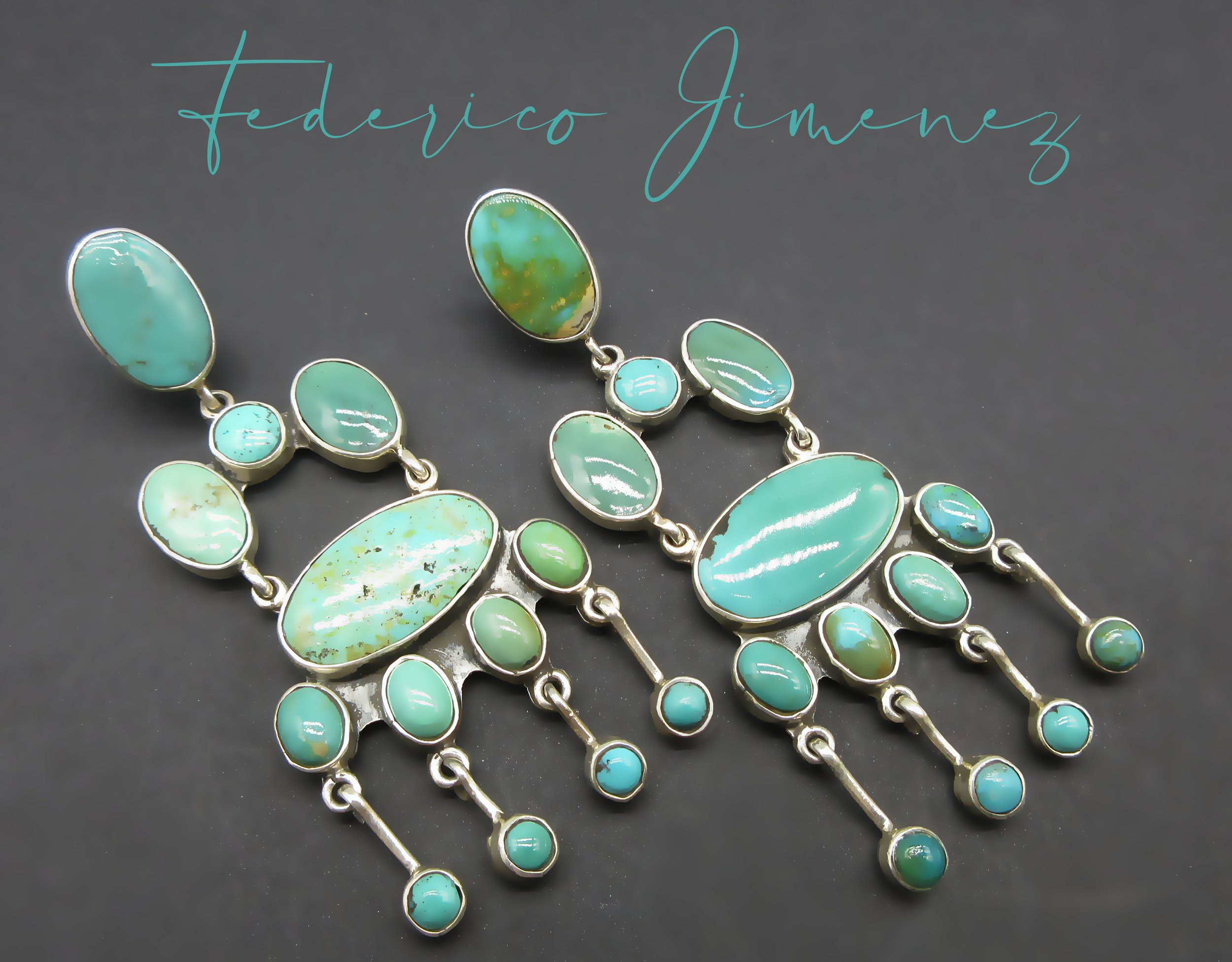 Federico Jimenez Incredibly Designed-Multi Shaped Cut-Green Turquoise-925 Cluster Earrings-2-34