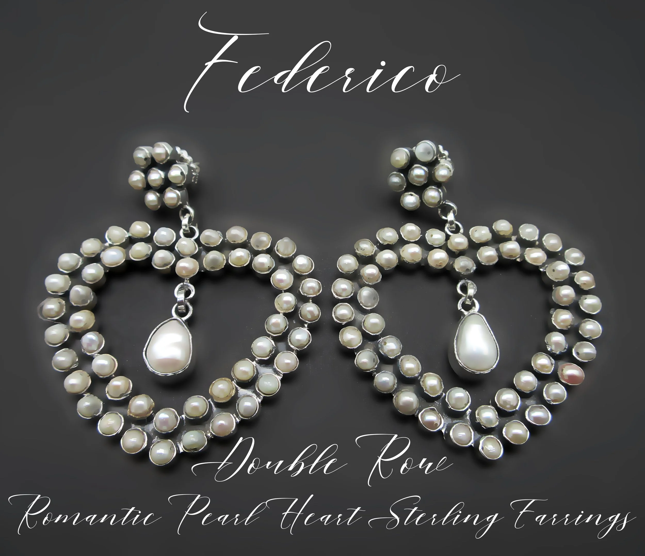 Federico Jimenez-Highly Feminine and Romantic- Double Lined Pearl Cluster Heart-Sterling Earrings-2.50" -Perfect Anniversary/Wedding Earring!