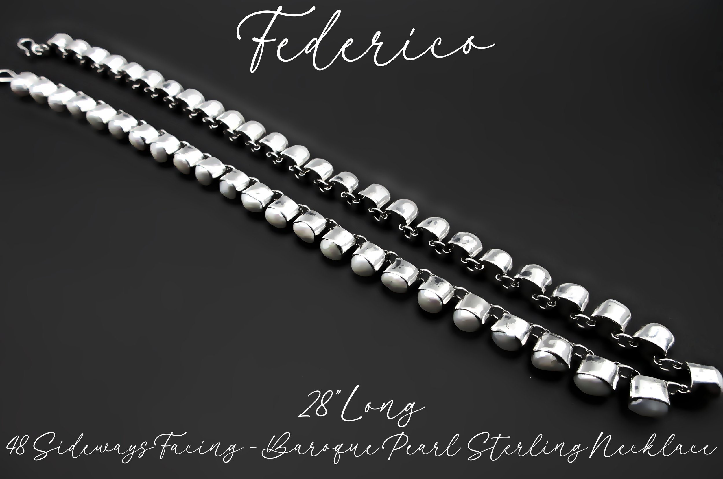 Versatile! Federico Jimenez- High Bezel Set-Naturally Formed Baroque Pearl - 48 Panel Link Necklace-Contemporary Santa Fe'an  Elegance! 28" Long!