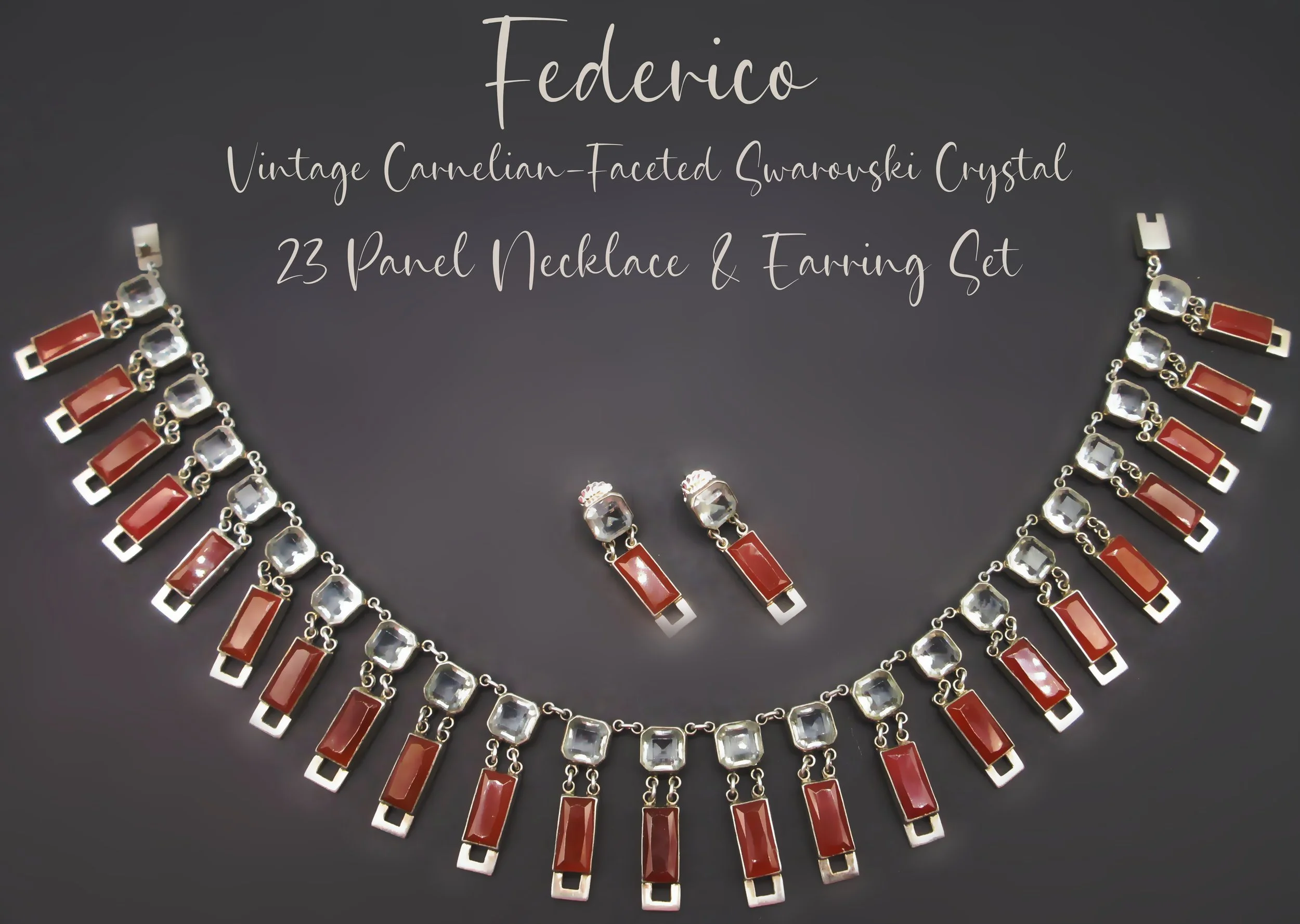 Vintage 1999- Federico Jimenez-Faceted Carnelian & Vintage Faceted  Swarovski Crystal- 23  Panel - Cleopatra Sterling Necklace & Earring Set