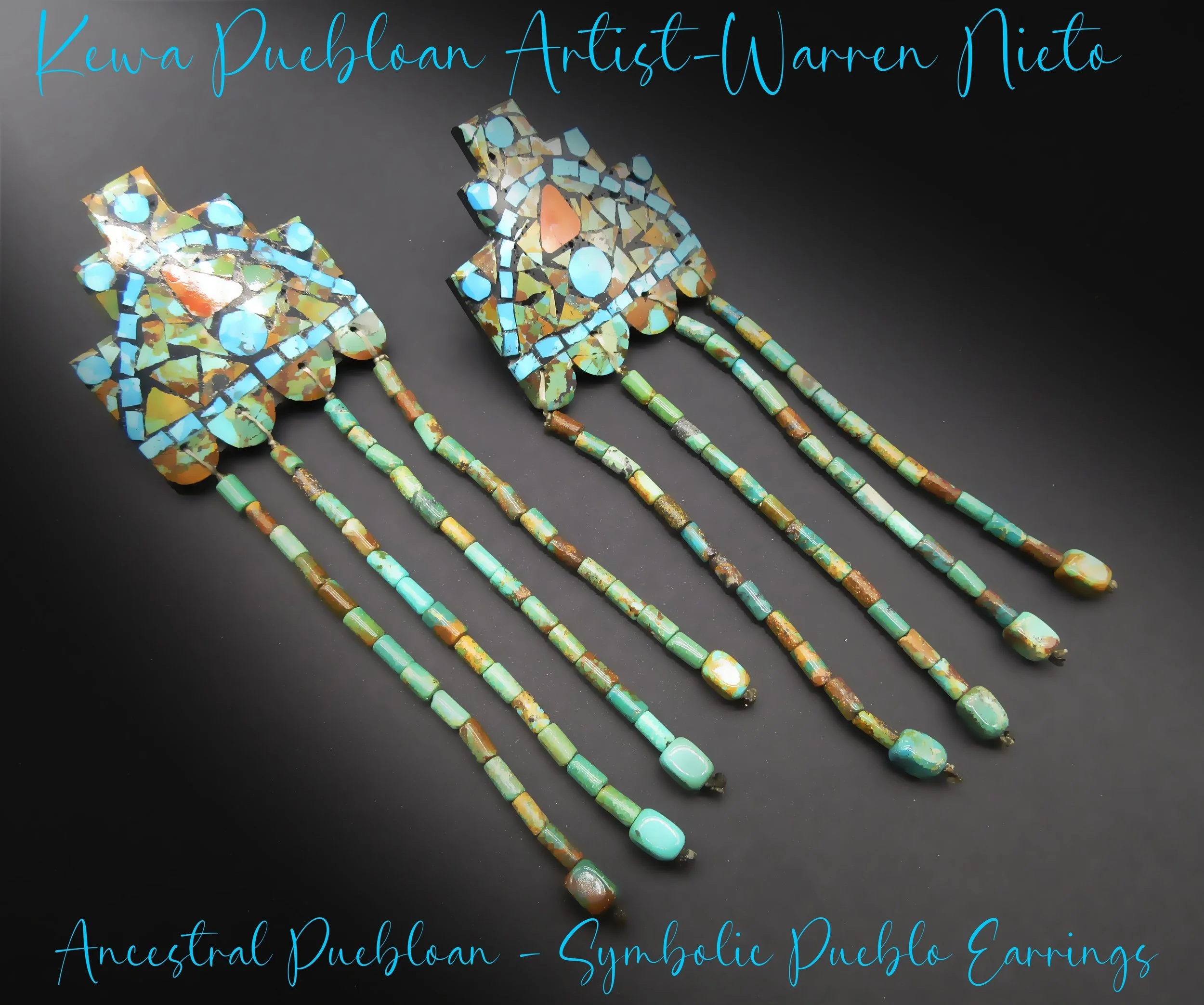 Kewa Pueblo Artist-WARREN NIETO-Ancestral Puebloan Inspired-Dramatically Long #8 & Sleeping Beauty Turquoise "KIVA" Earrings with Hand Cut Dangles-Very Symbolic!