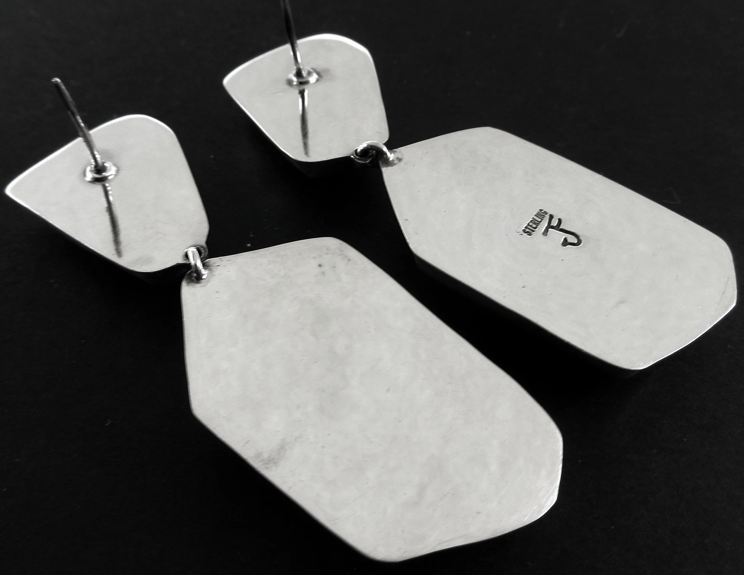 Federico Jimenez- Free Form Irregular Pentagon Shape- Chunky 2 Stone Kingman Drop Sterling Earrings-34 Grams-2.50" Long- Full of Character!