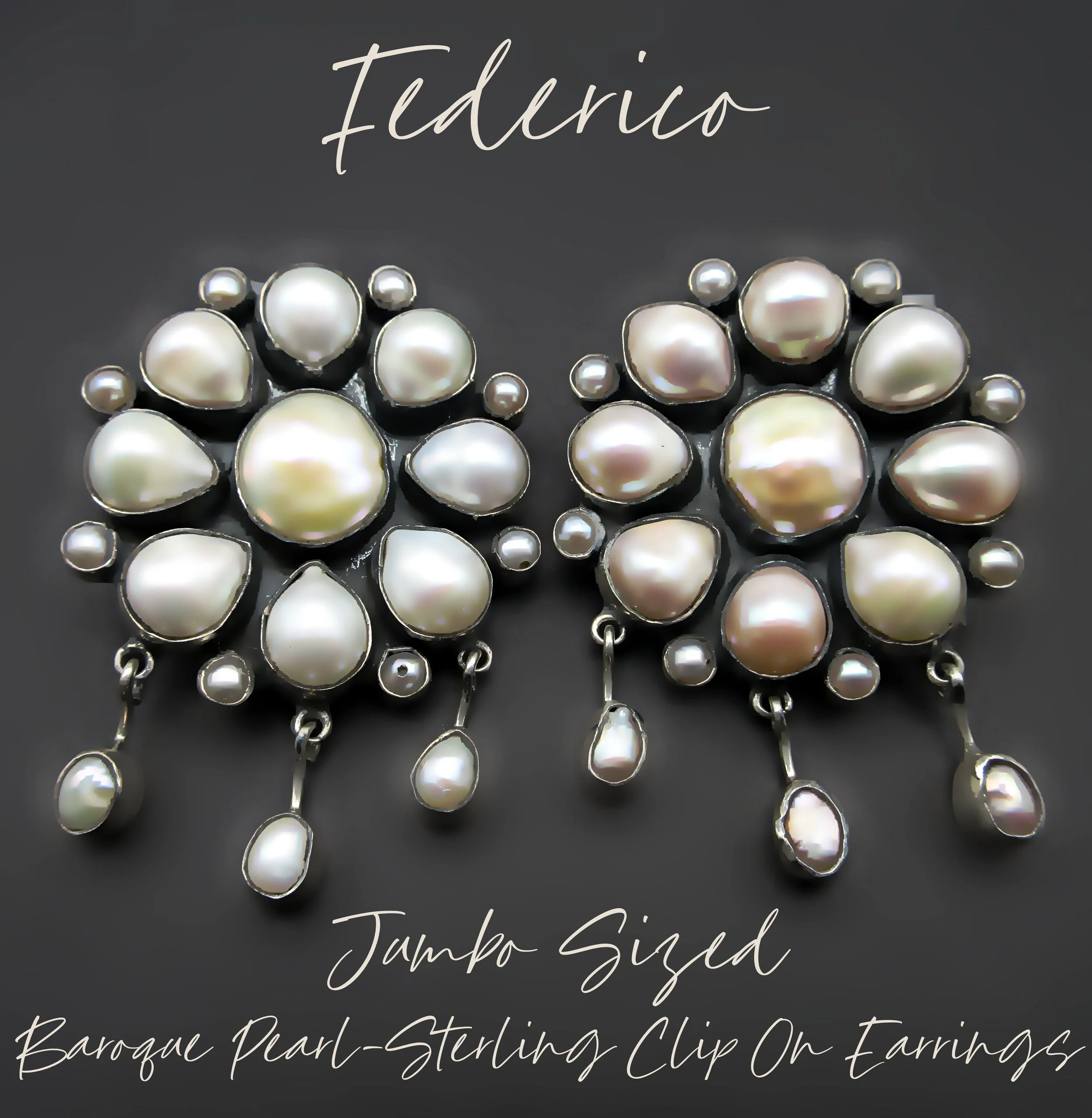 Federico Jimenez-Jumbo Floral Size- White  / Beige Color--Natural Formed Baroque Pearl Cluster CLIP ON Sterling Earrings