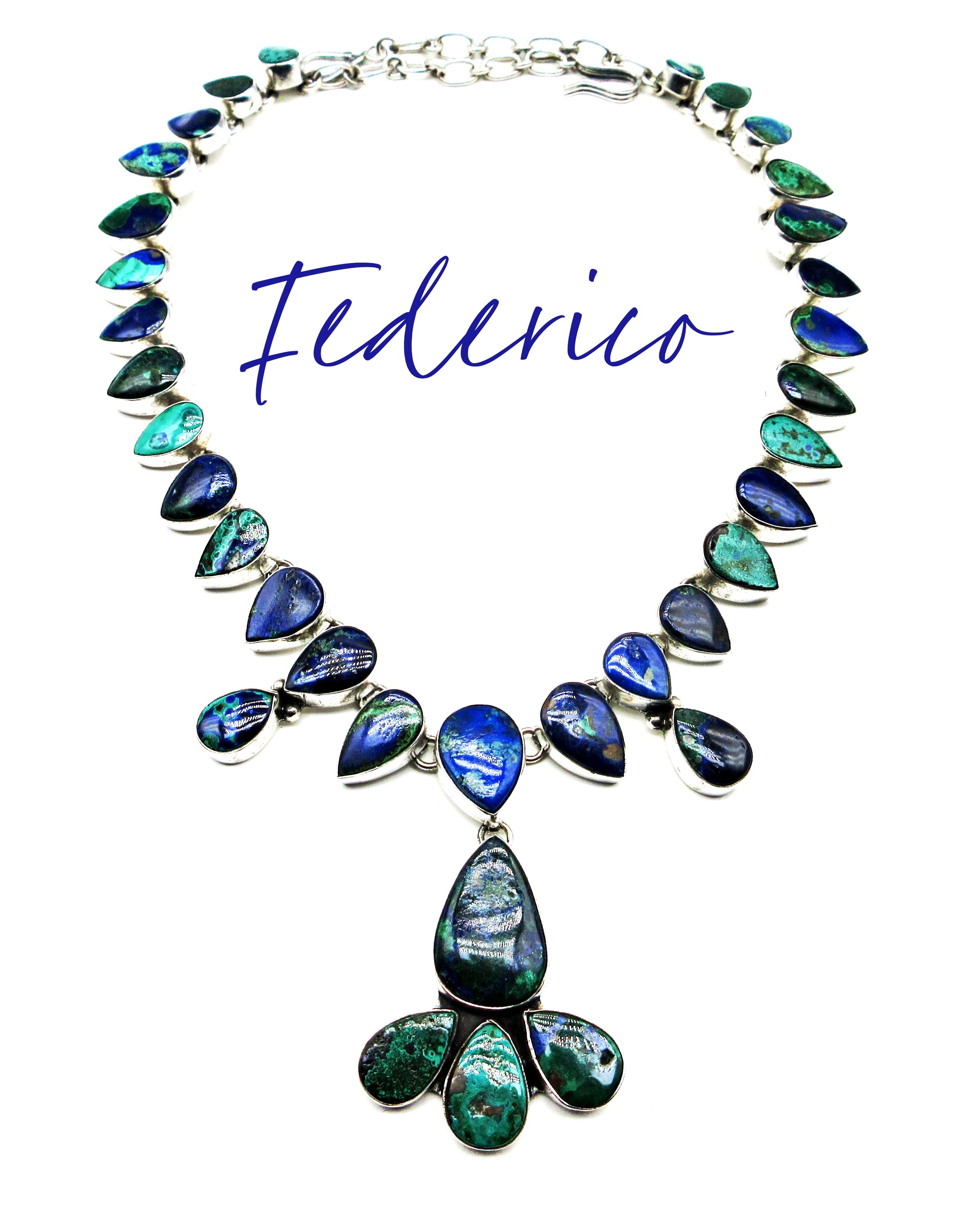 SPECTACULAR  CHARACTER!-Federico Jimenez-Tear Drop/Pear Cut-Blue Green AZURITE Contemporary Sterling Necklace-Adjustable 26"