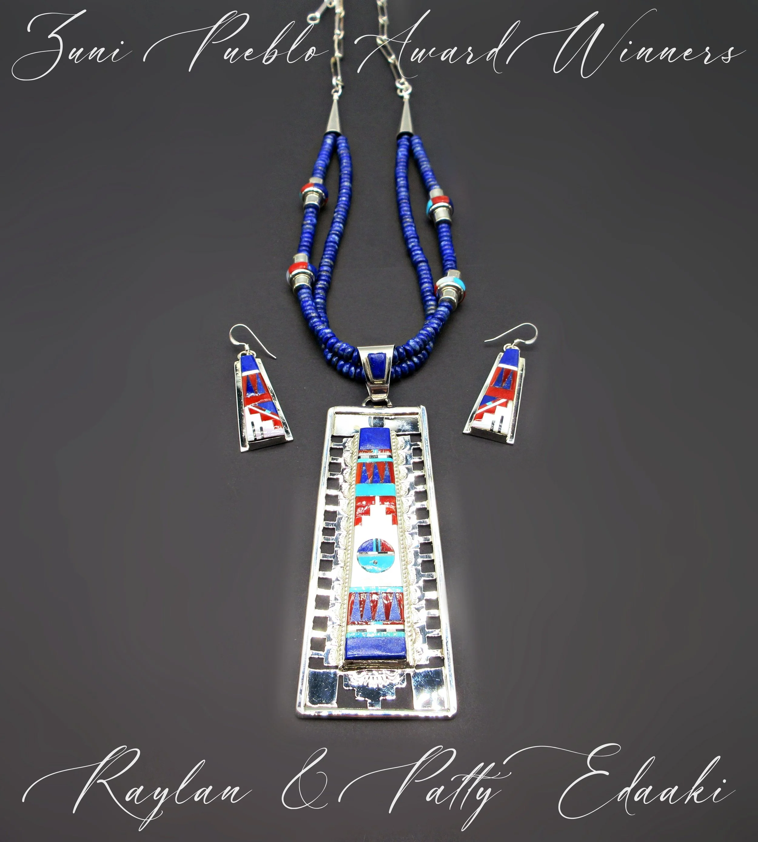 Zuni Pueblo Award Winning Artisans-'RAYLAN & PATTY EDAAKIE'-Traditional  Zuni Mosaic Inlay- Lapis- Italian Coral - Mother of Pearl -Versatile  "Rain & Rain Cloud" Design  Necklace & Earring Set