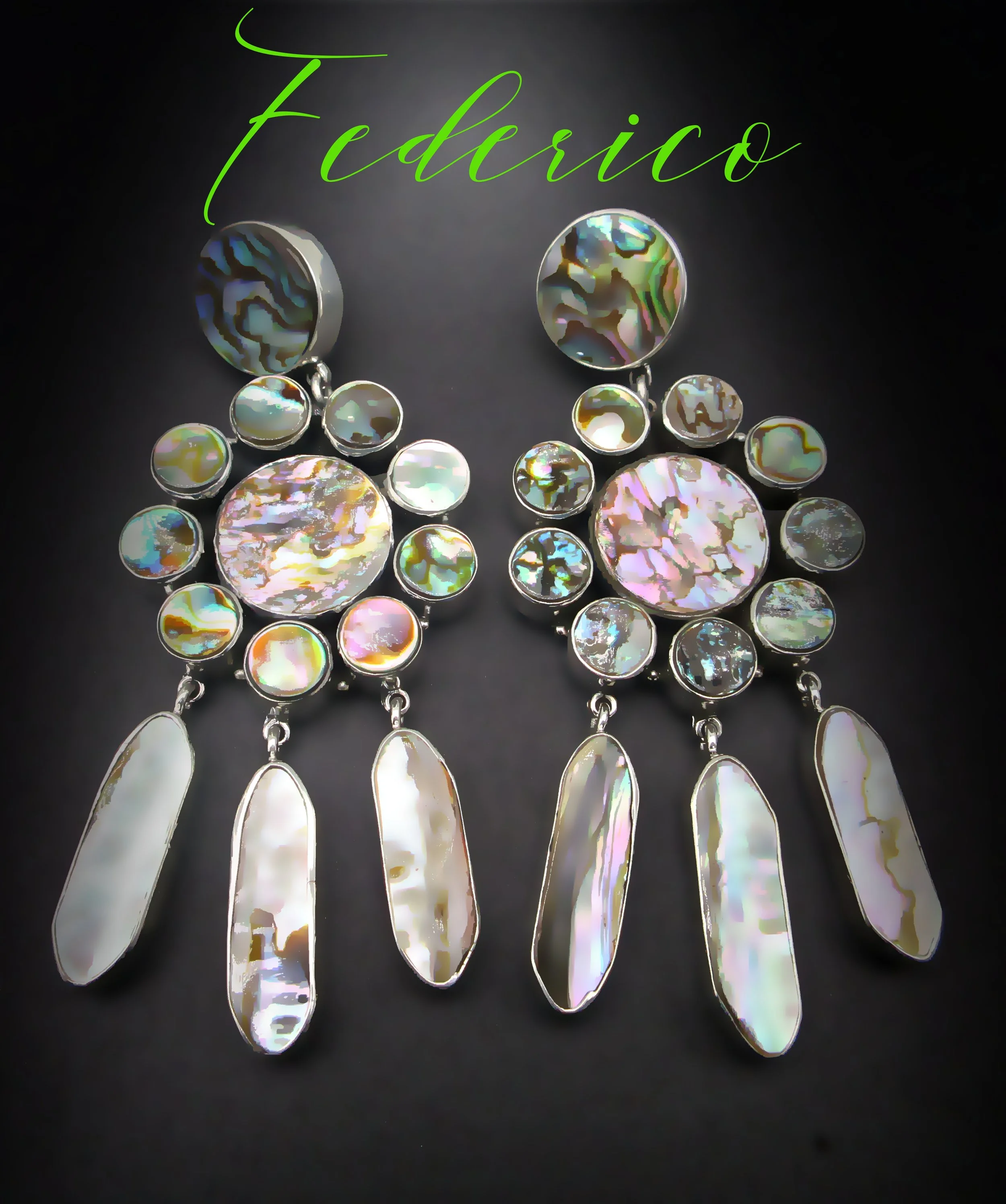 Federico Jimenez-Electrifying Vibrant Color! - Triple Tier Abalone Sterling Earrings with Linear Abalone Chunky Dangles-63 Grams