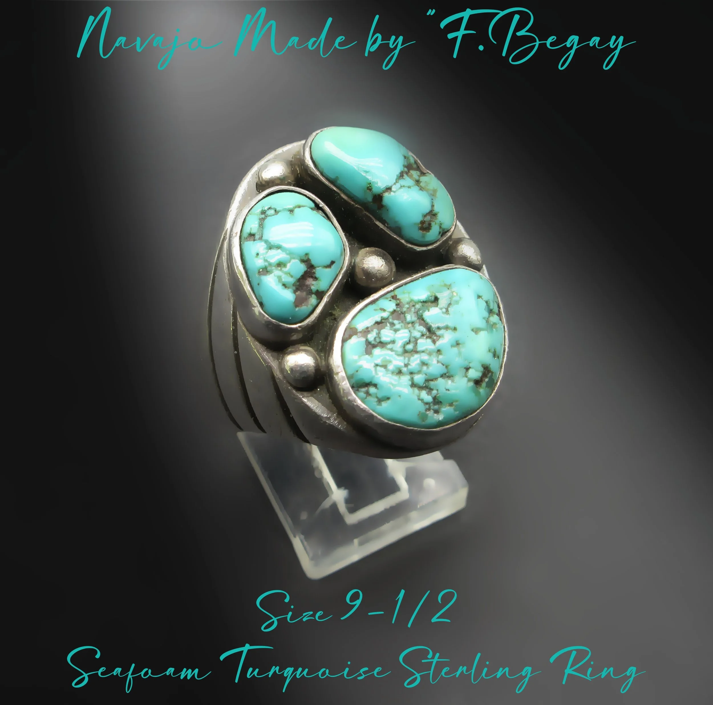 Circa 1970's by Navajo "F. Begay" {Francis?} Vintage 3 Stone Seafoam Turquoise- Masculine Sterling Ring- Size 9-1/2