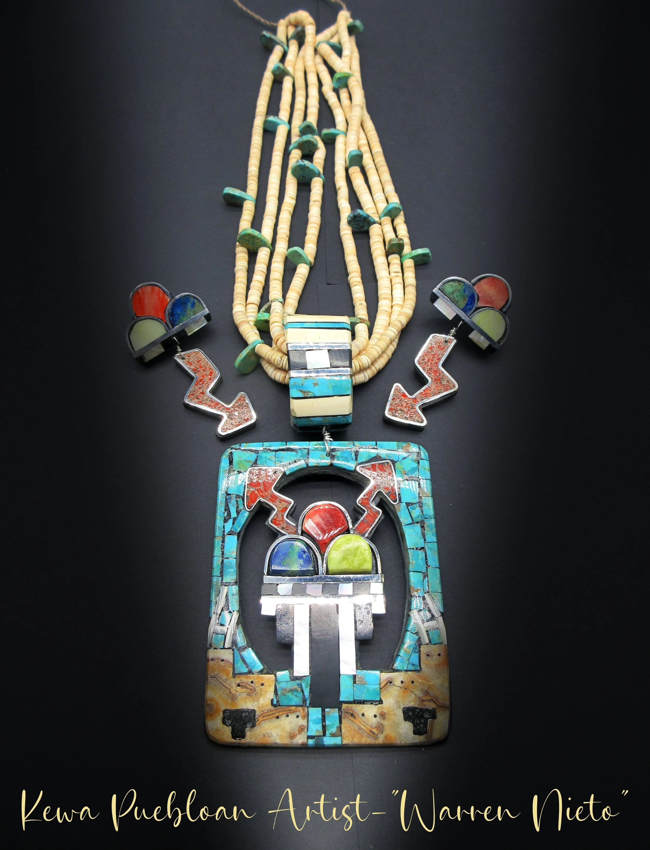 Kewa Puebloan Artist-WARREN NIETO-Melon Shell Heishi-"Doors of Chaco Canyon/Pueblo Bonito" Raincloud/Lightning-Mosaic Inlaid  Pendant-Earring - Necklace 3 Piece SET!  Pueblo  Masterpiece! !