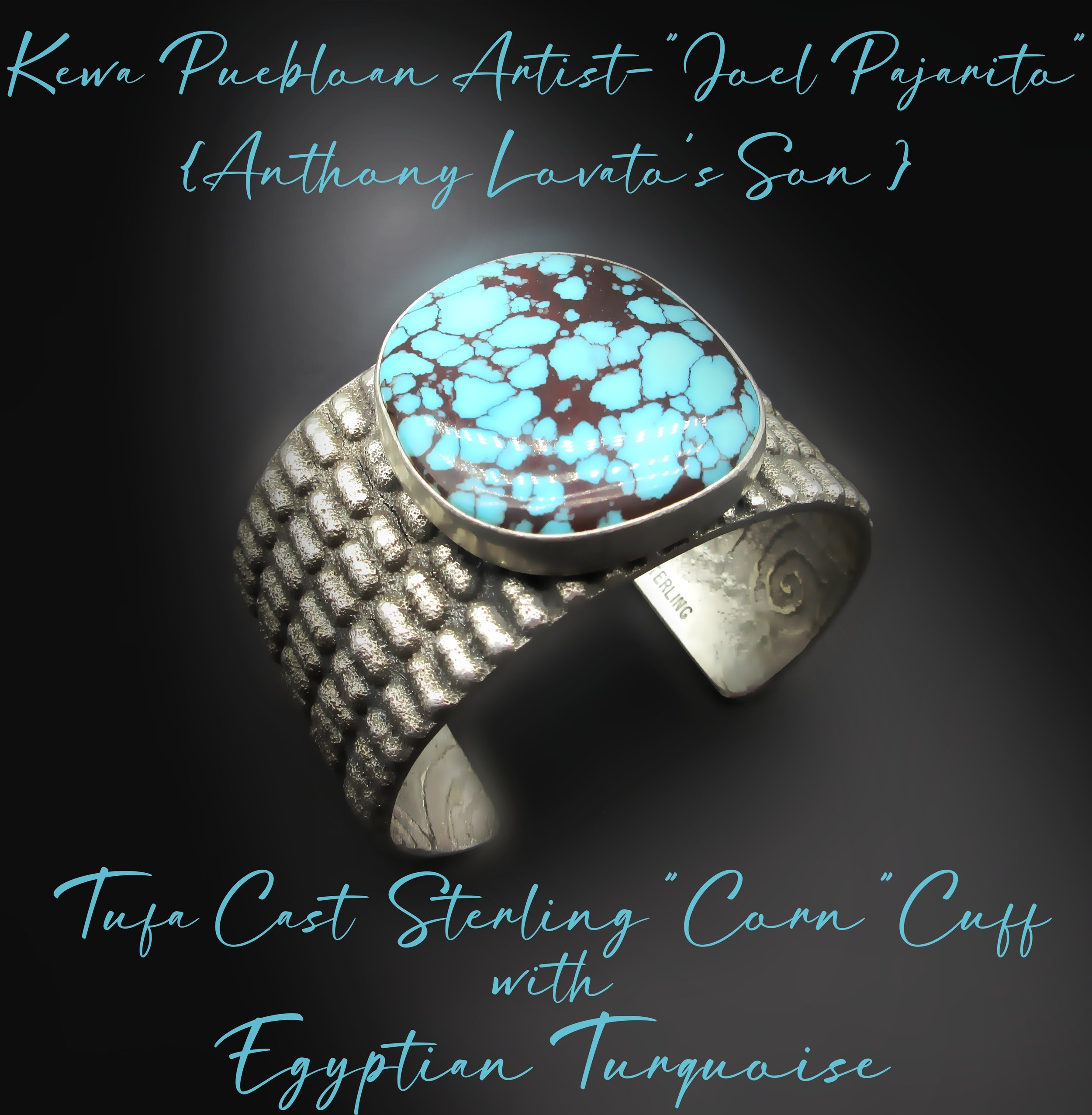 Kewa Puebloan Artist-'JOEL PAJARITIO' (Anthony Lovato's Son) Egyptian Turquoise-Sterling Tufa Cast "Corn" Cuff with Petroglyph Interior! -6.50" Wrist