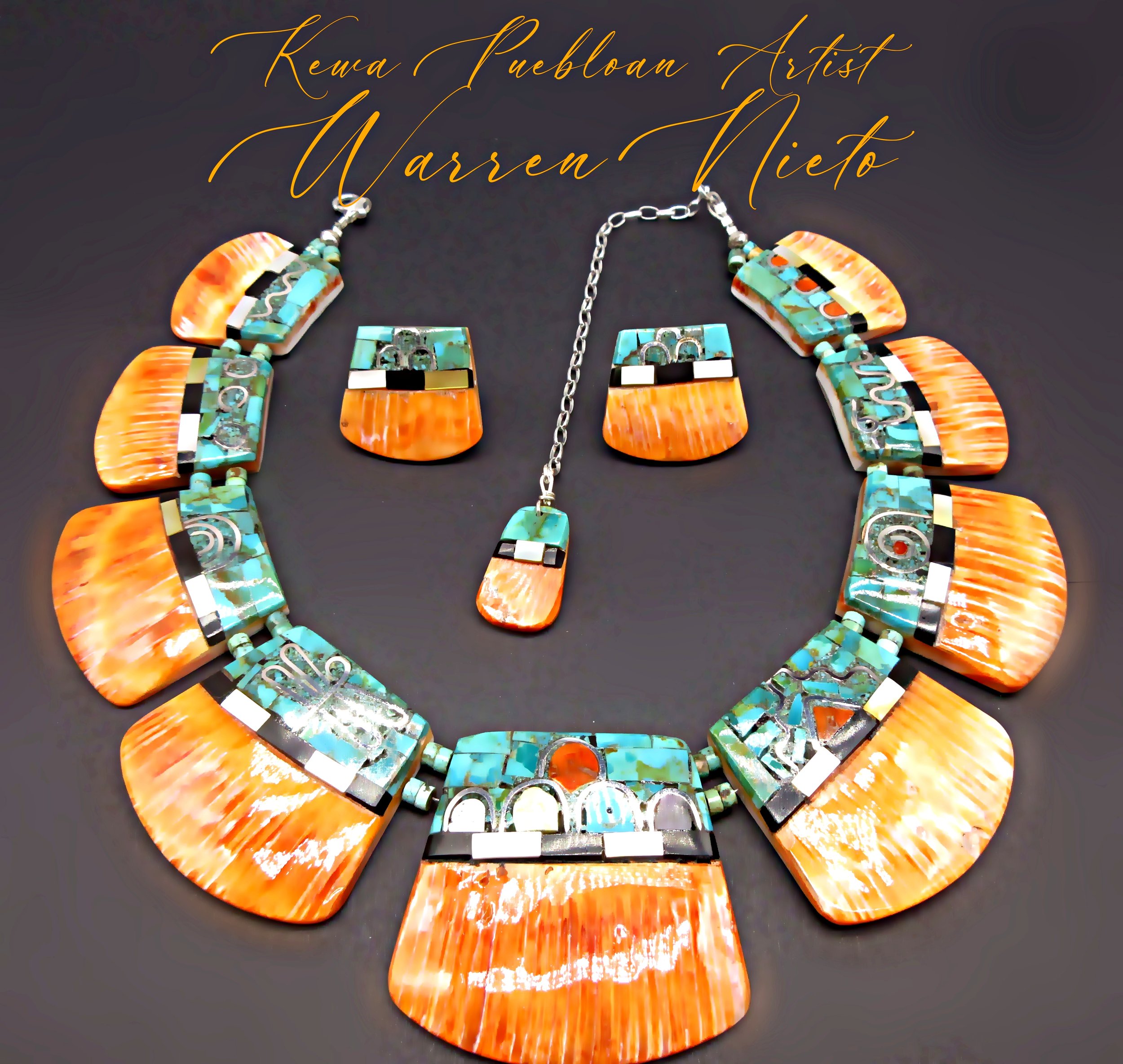 Kewa Puebloan Artist- WARREN NIETO -Orange Spiny Oyster -Ancestral Puebloan - 9 Trapezoidal Shaped Panel- Water Pertaining Petroglyph Necklace / Earring SET
