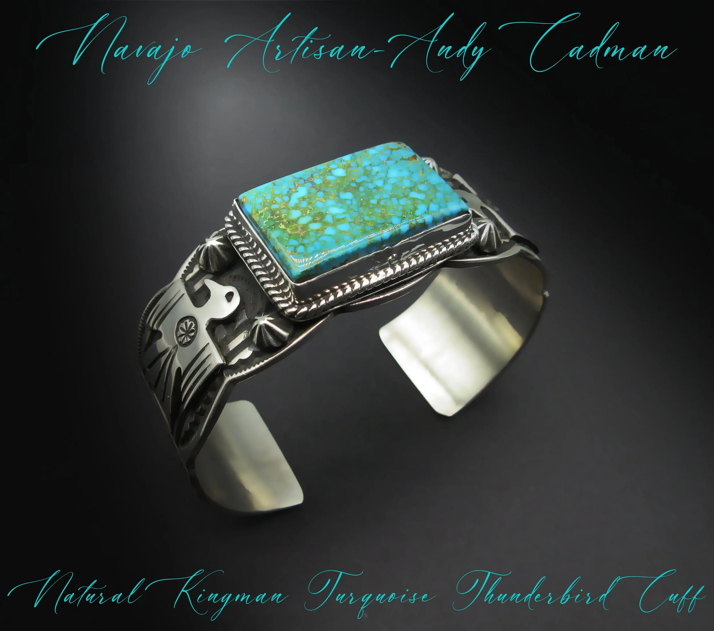 Traditional Navajo Artisan-ANDY CADMAN-Natural Webby Kingman Turquoise-THUNDERBIRD Sterling Cuff-For a Large  7-1/8" Wrist-Men's Cuff, Women's Cuff