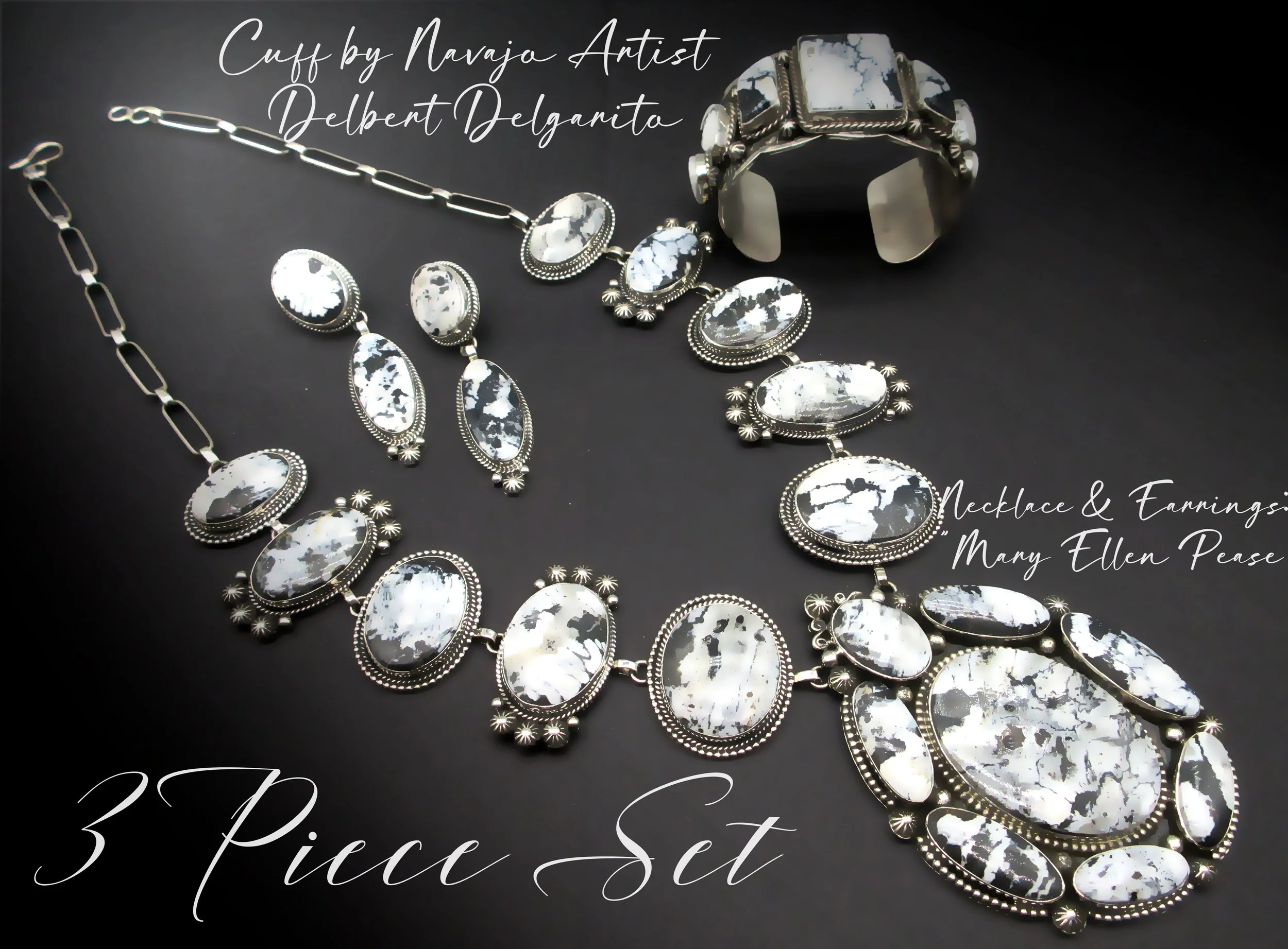 Fabulous 3 Piece Native American Made Set! "Mary Ellen Pease"-White Buffalo Squash Blossom Style Necklace & Earrings with Navajo "Delbert Delgarito"  White Buffalo 7" Wrist Cuff