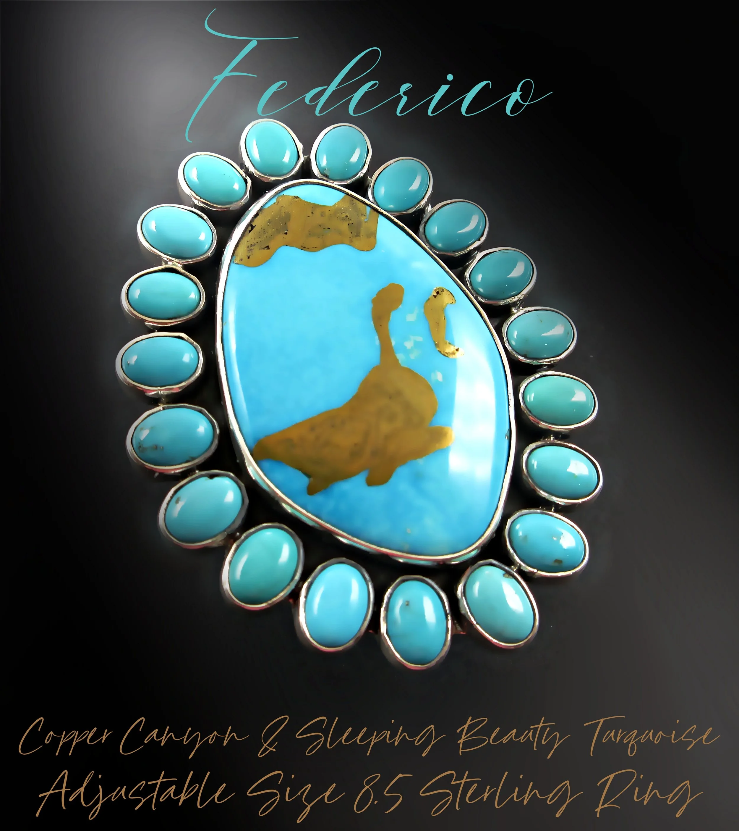 Federico Jimenez-Copper Canyon Turquoise with Copper Colored Pyrite & Sleeping Beauty Turquoise-Adjustable Size 8.5 Sterling Ring-   Incredible Character!