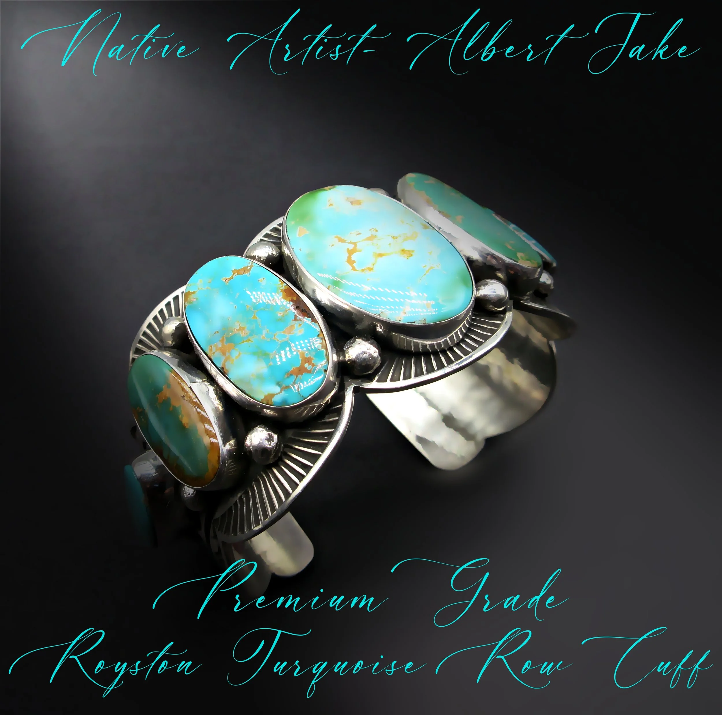 Native Artisan-ALBERT JAKE-Exceptional-Premium Grade - Royston Turquoise "Sampler" Sterling Row Cuff-For Larger 7-1/8" Wrist