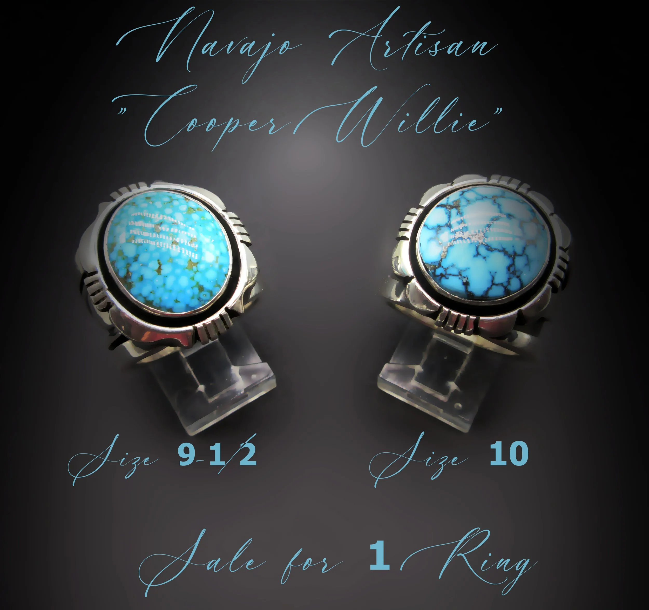 Navajo Artisan-COOPER WILLIE- Top  Grade-Excellent Quality  Kingman Web Turquoise-Traditional Navajo Sawed/Chiseled Design-Unisex Sterling Ring- Sizes 9-1/2 & 10 Available!