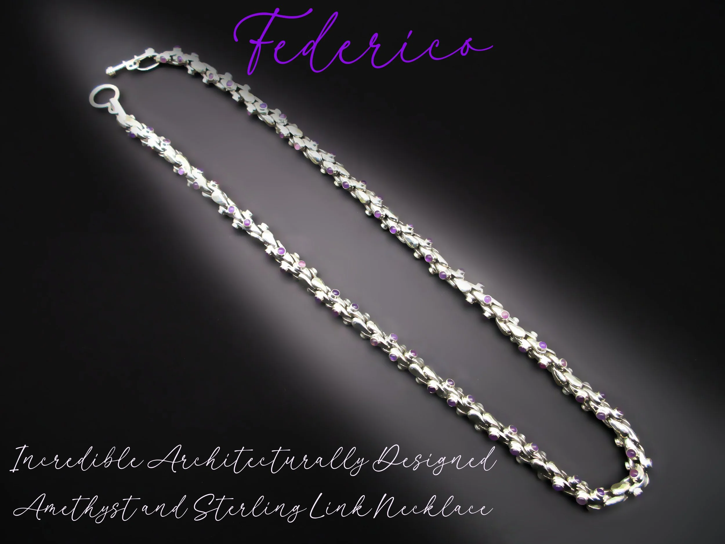 Federico Jimenez-PREMIUM-Top of the Line-Pristine - Contemporary  Double Sided Amethyst / Sterling Interlocking 31.25" Long Link  Necklace - ARCHITECTURAL METAL ART! 11.3 oz. !!!
