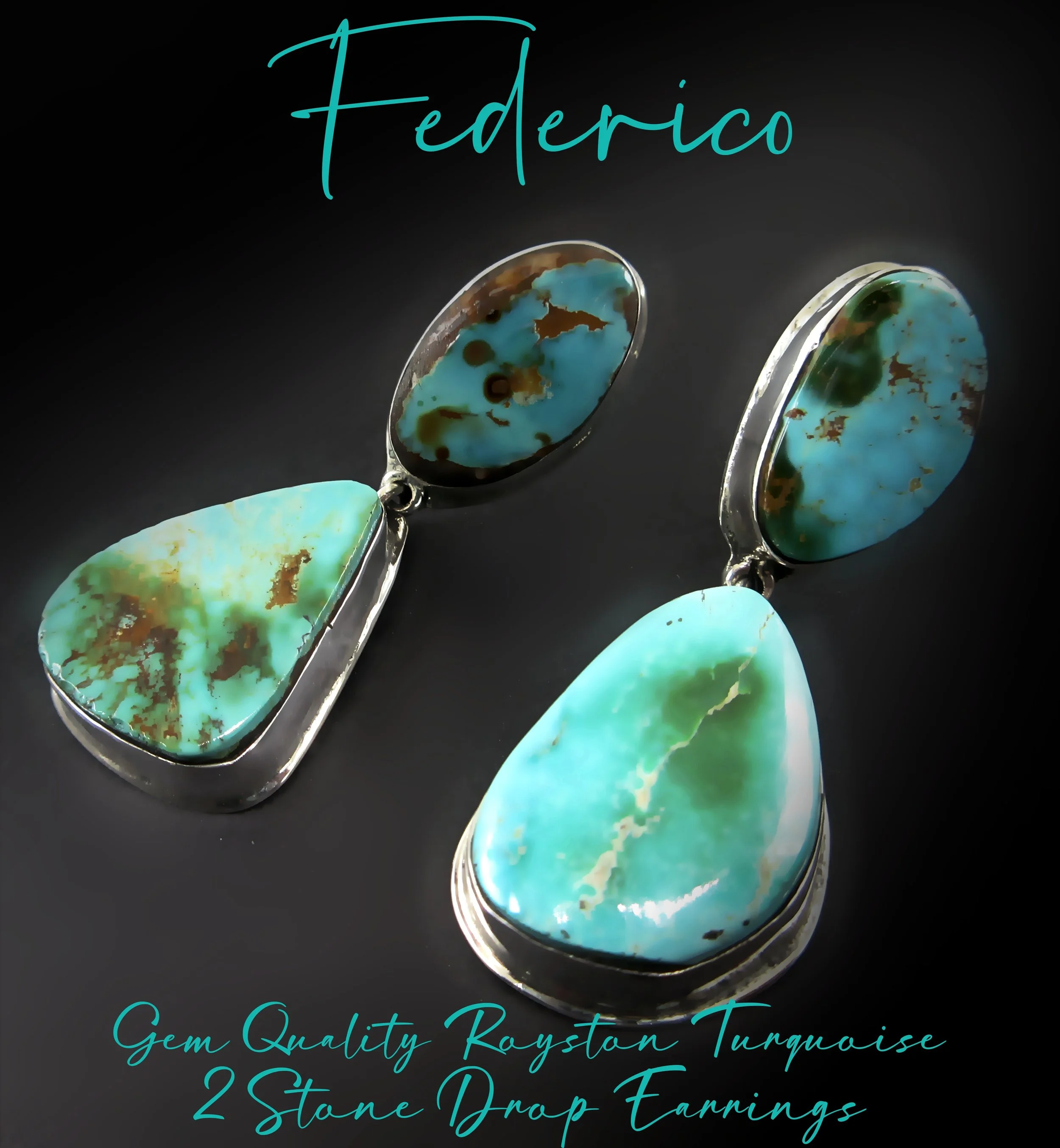 Federico Jimenez-SMALL Top Notch-Natural Polychrome Royston Turquoise-Sterling Drop Earrings-1.75" (From Larry Cooley's Collection)