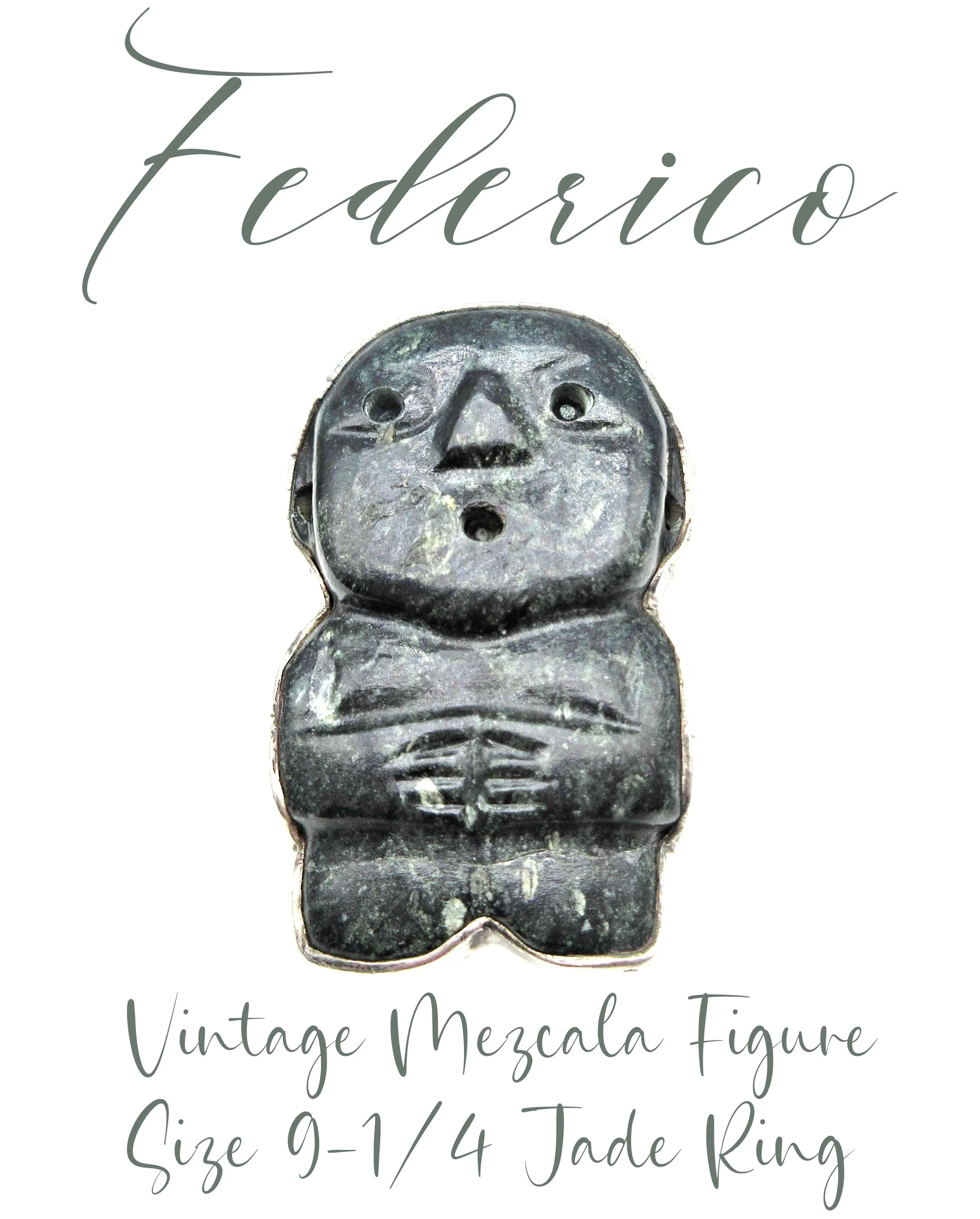 ***Federico Jimenez-Pre-Colombian -Ancient Mesoamerican MEZCALA Jade Sculpture Sterling Ring-Size   9-1/4***