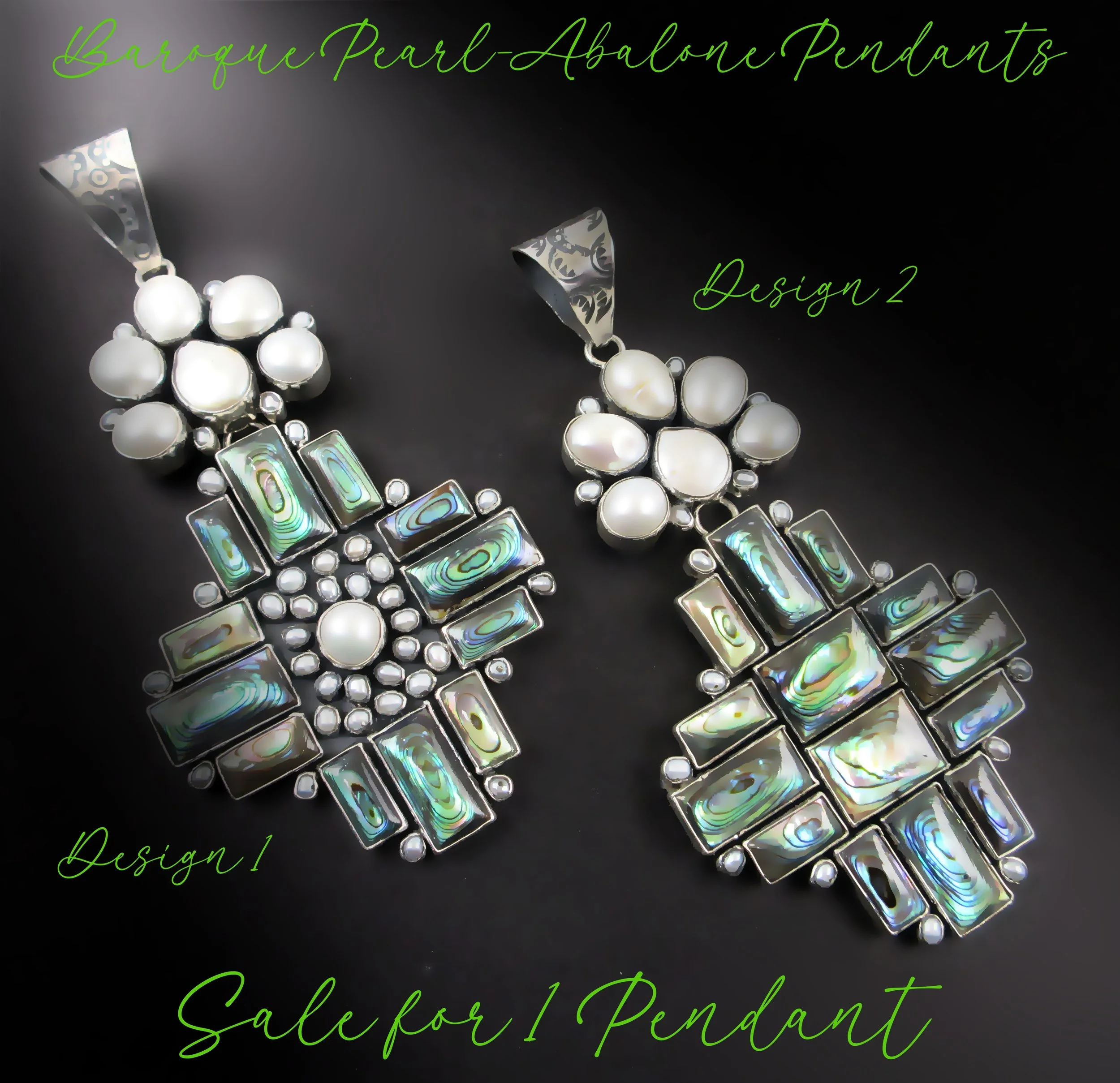 Federico Jimenez-EXQUISITELY DESIGNED! Colorful Iridescent Abalone & Baroque Pearl-Sterling Pendant-2 Design Choices! Over 5" Long! WOW!