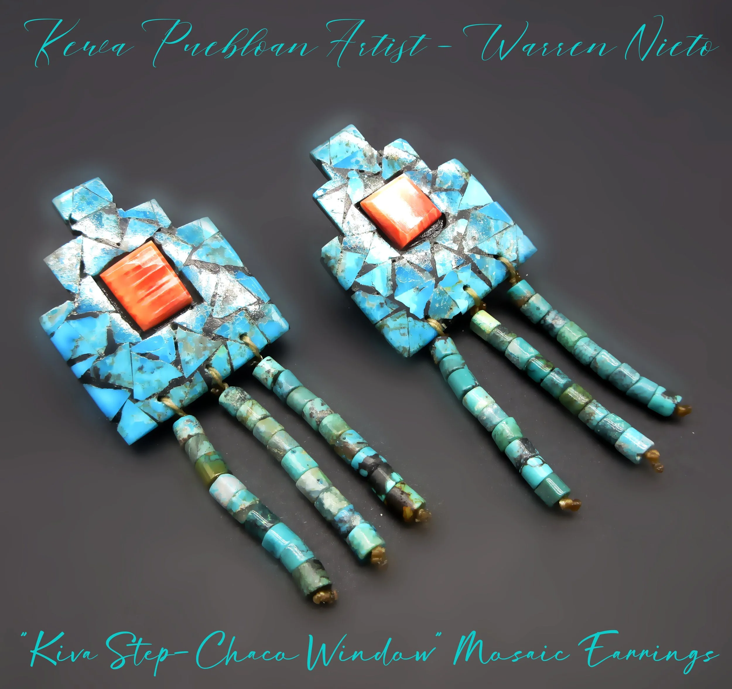 Kewa Pueblo Artist-WARREN NIETO-Ancestral Puebloan Inspired-Kingman Turquoise Symbolic "KIVA" Earrings with Hand Cut Dangles