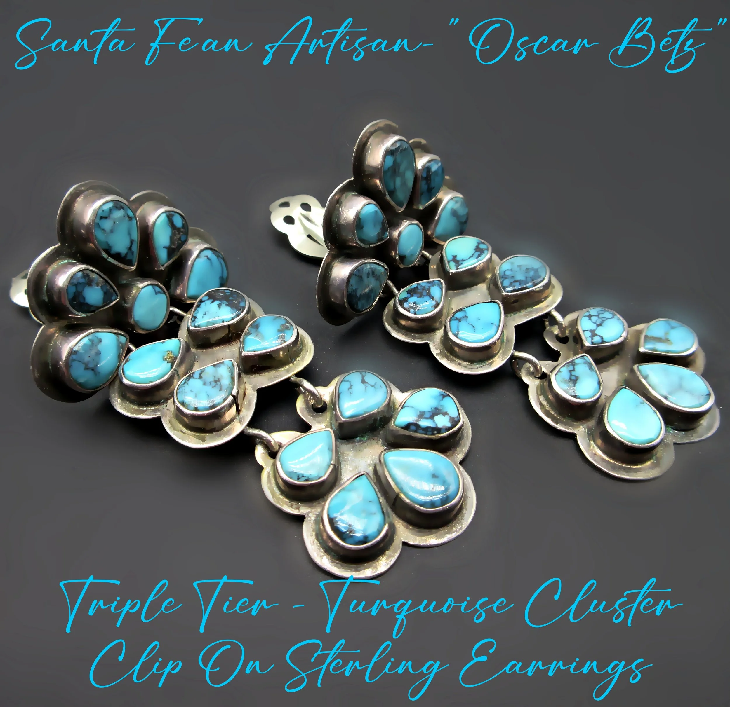Santa Fe's Own-OSCAR BETZ-Vintage  3 Tier Chinese Turquoise Cluster-Sterling CLIP ON Earrings* 2-5/8" Long