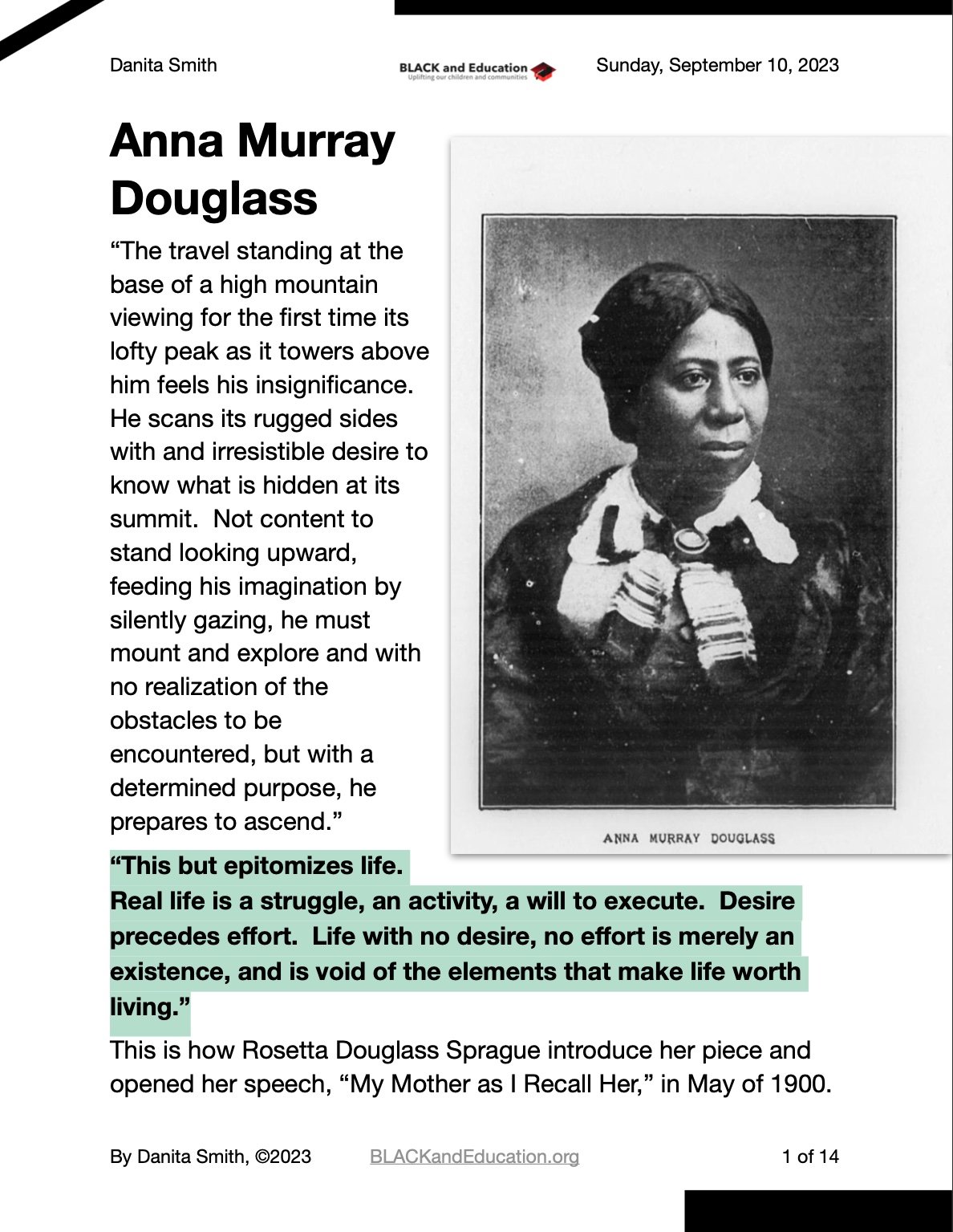 Anna Murray Douglass, Wife of Frederick Douglass for 44 Years