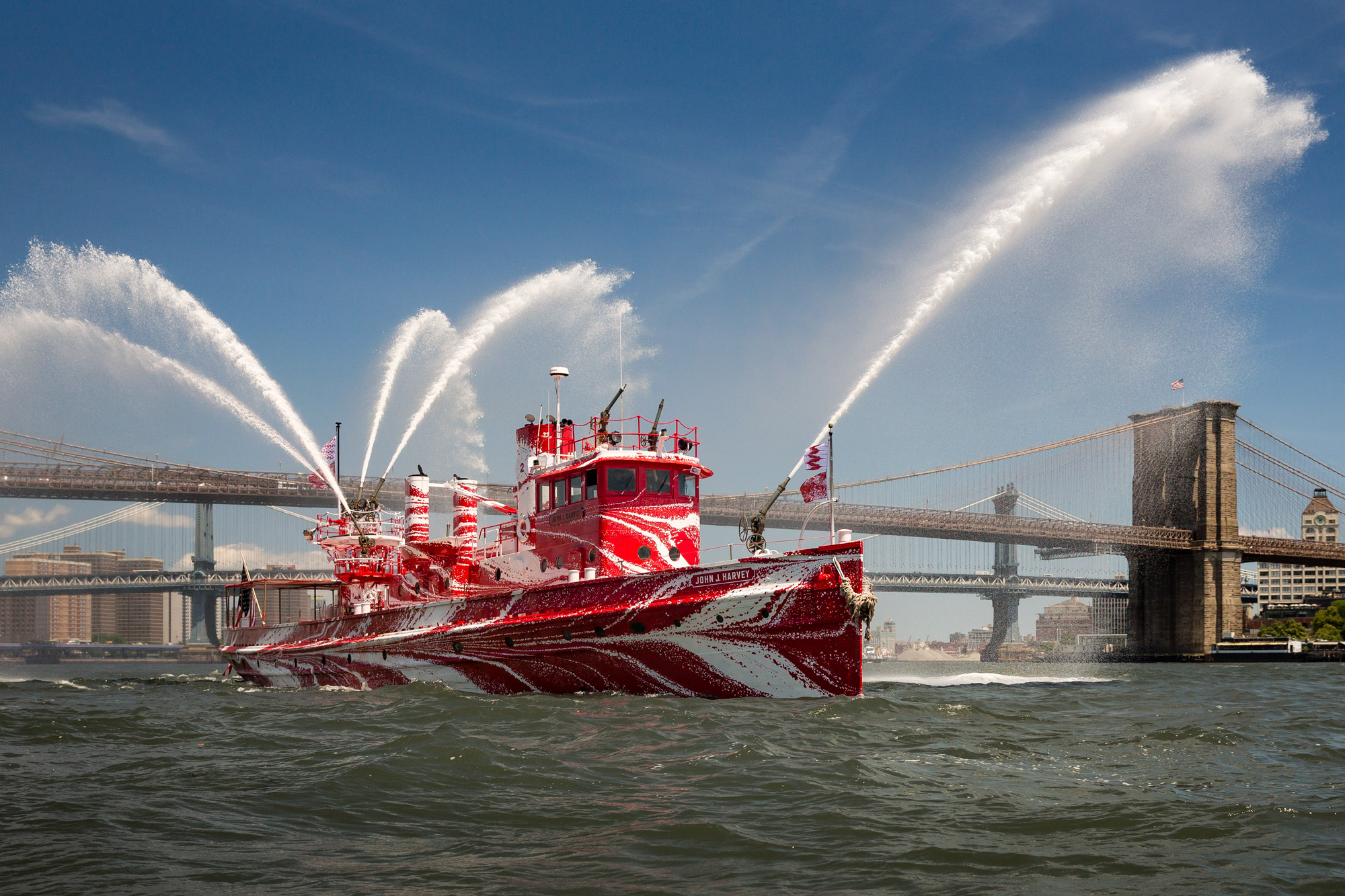 Tauba Auerbach, Flow Separation, 2018. Commissioned by Public Art Fund and 14-18 NOW and presented on Fireboat John J. Harvey in New York Harbor July 1, 2018-May 12, 2019. Image courtesy Paula Cooper Gallery. Image by Nicholas Knight, courtesy Public Art Fund, NY.