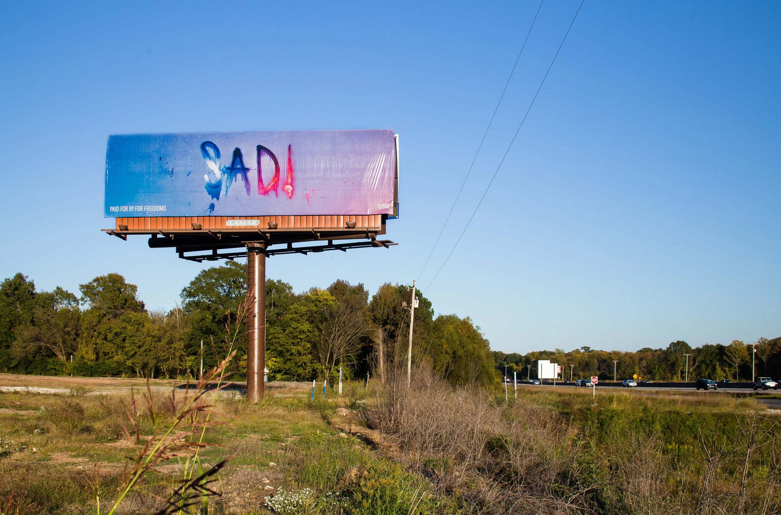 Marilyn Minter, SAD! (billboard), Little Rock, AR, 2018. Image courtesy Cindy Momchilov and For Freedoms.