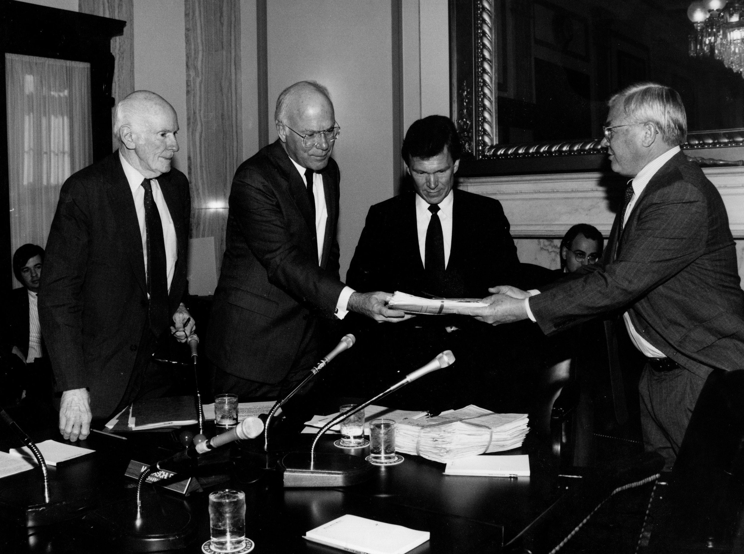  Roger Blobaum (far right), director of Americans for Safe Project, presenting signatures of 136,000 consumers who supported the 1990 Organic Production Act Bill to Senator Patrick Leahy 