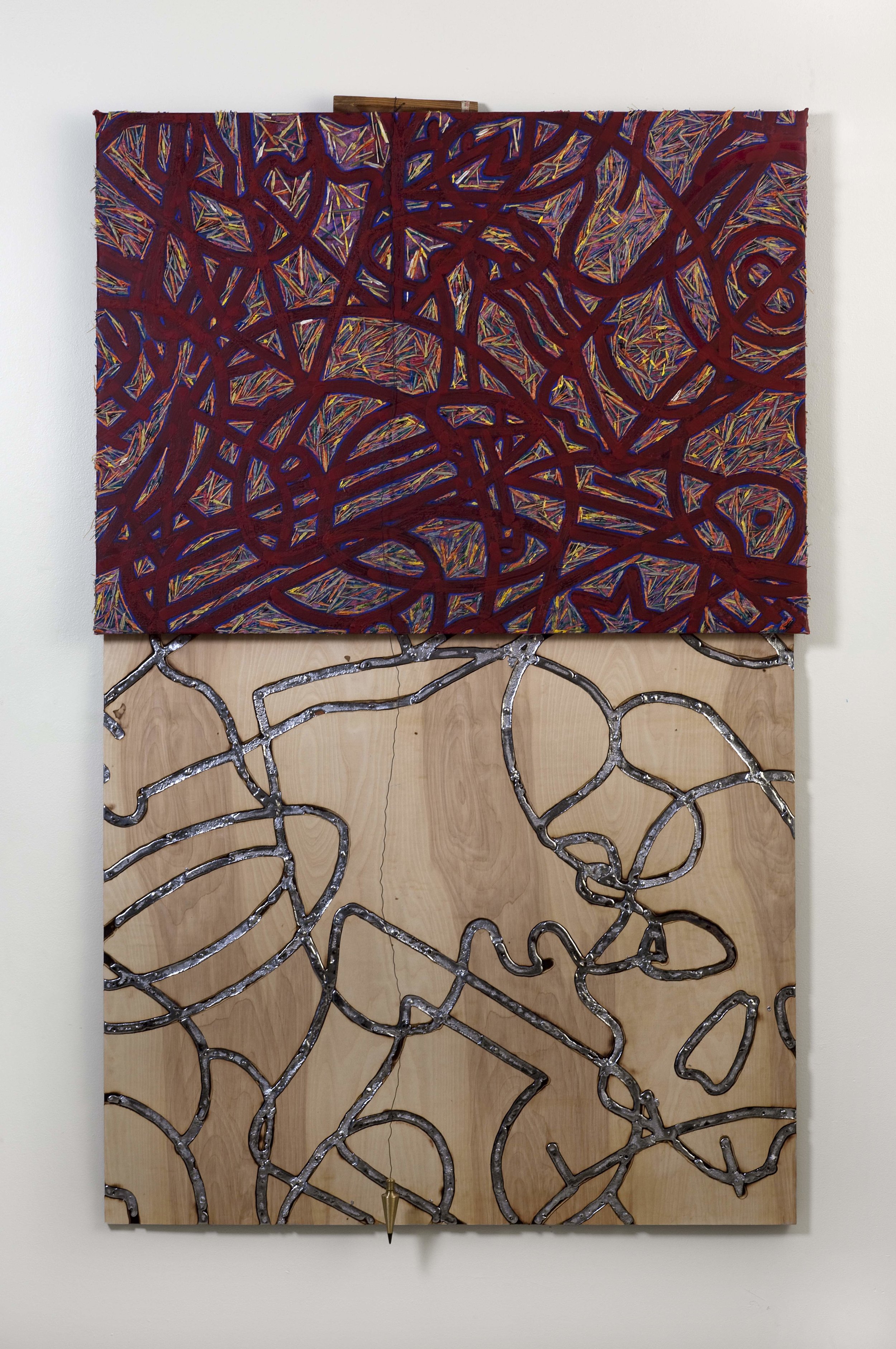 Benito Huerta, Mils Mascaras Redux, 1987 – 2013, Oil, straw, pencil, china marker, oil stick, plumb bob and wire on canvas with lead, nails on wood (in memory of Lorenzo Thomas)