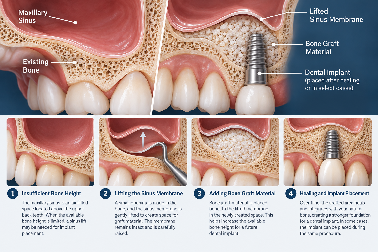 Illustration showing bone graft material placed beneath the maxillary sinus during a sinus lift