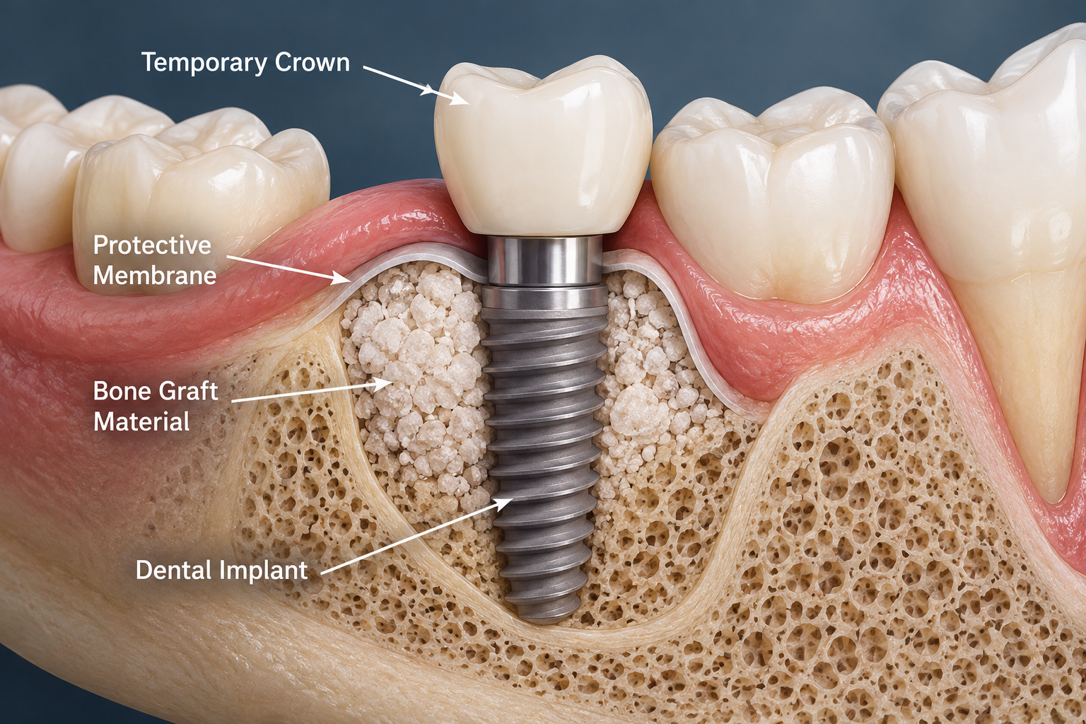 Dental illustration showing bone graft material supporting a dental implant in the jaw