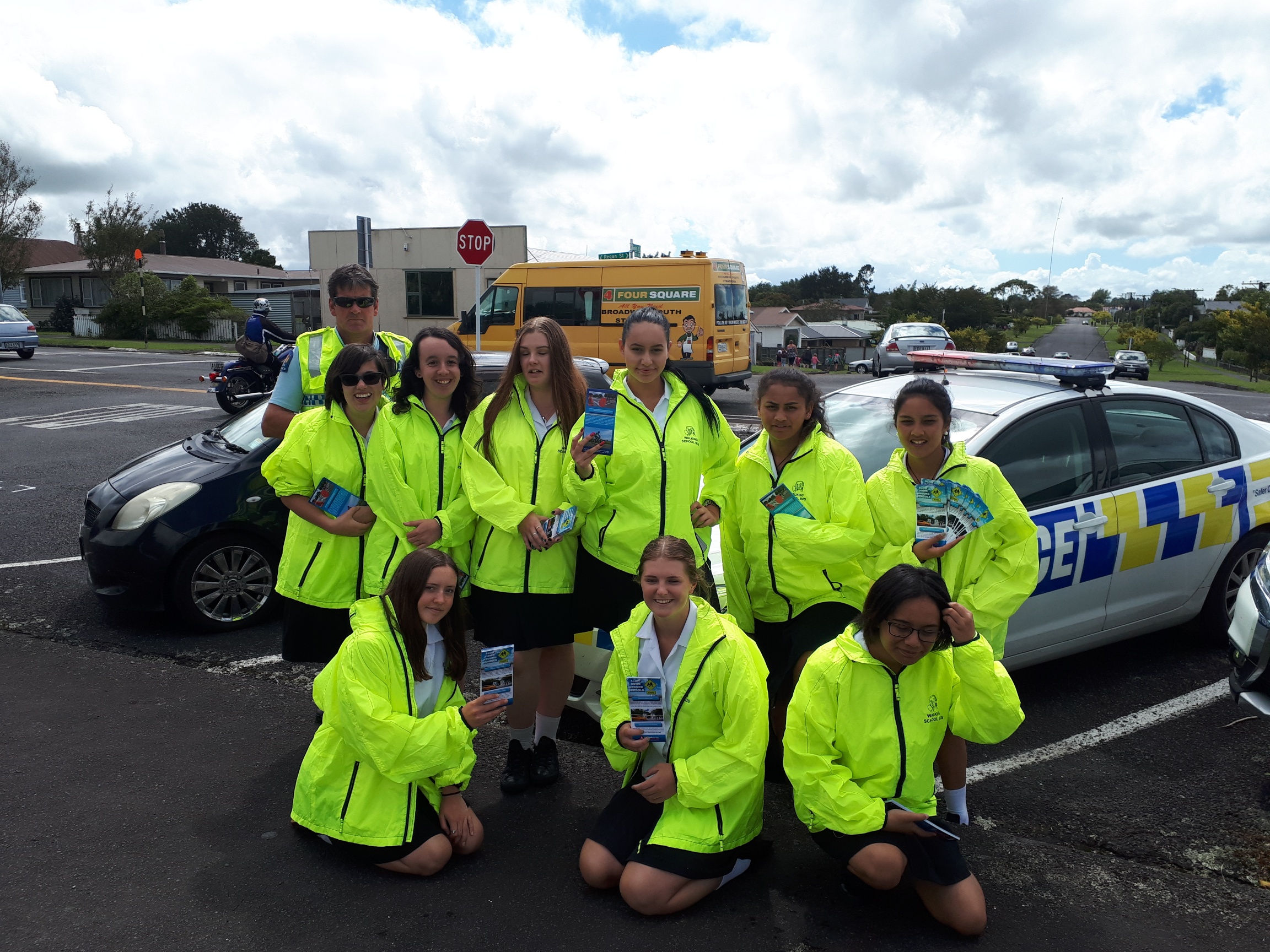 Stratford High School SADD students collaborating with local council and helping with a Back to School campaign at Stratford Primary reminding parents to park safely when picking up their children