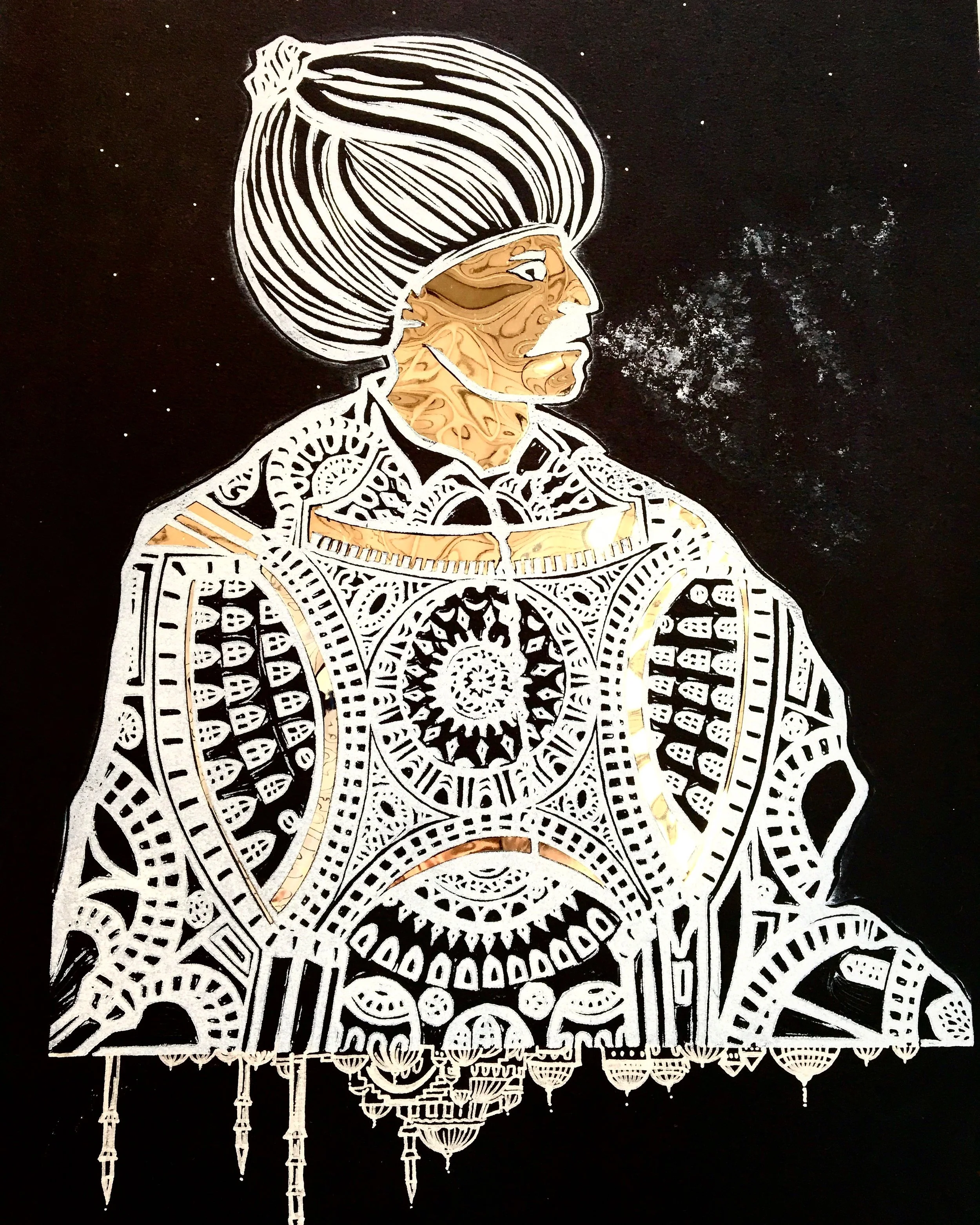 "Portrait of a Sultan", 11" x 15", Linocut and Mixed Media
