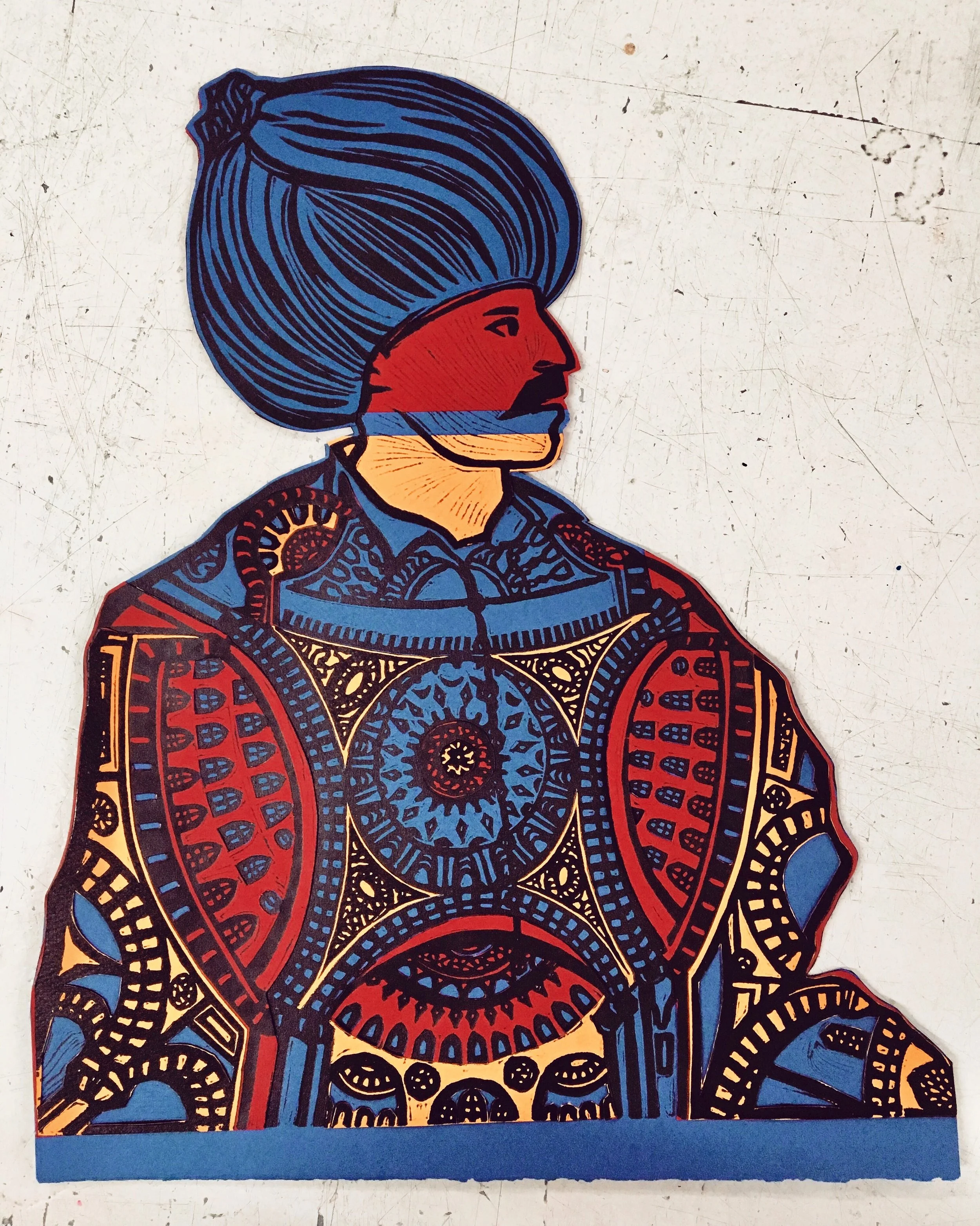 "Portrait of a Sultan", 11" x 15", Linocut and Chine-collé  
