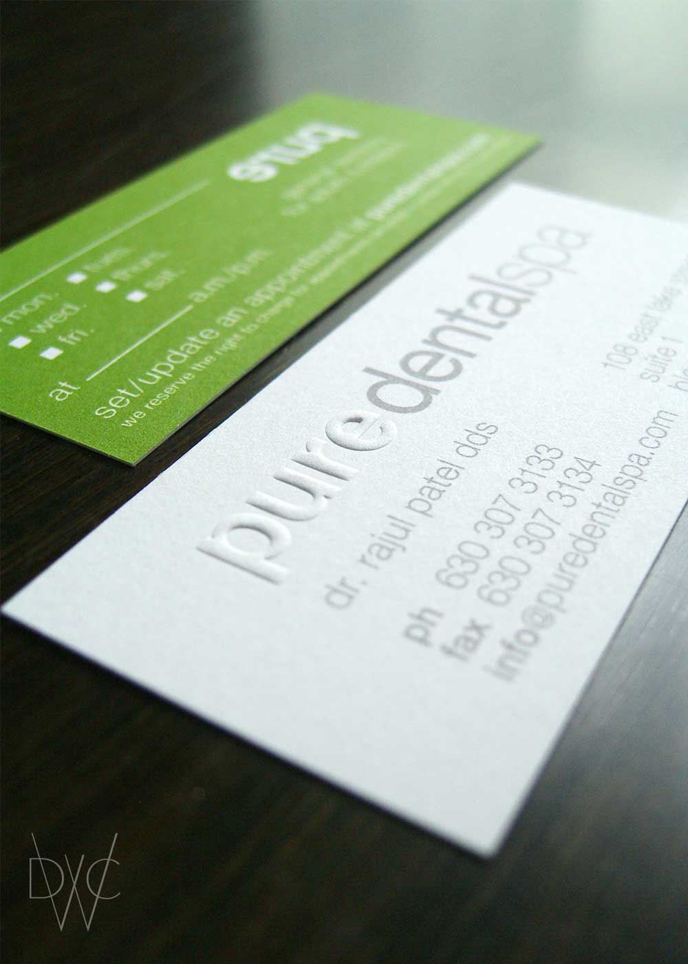 From the printed marketing materials to the office space, the brand identity sought to stimulate all 5 senses—touch, sight, sound, smell, and taste. The business cards were two-sided with the appointment information on the back. They were printed with a tactile process called blind embossing, which gave the word "pure" dimension and let it stand out in its most brilliant form on—white. In addition to white, the other primary brand colors are grey and zen green. Grey represents the modern, brushed aluminum and sterilized equipment that is used to clean teeth, and zen green embodies the fresh, calming "spa" feel.