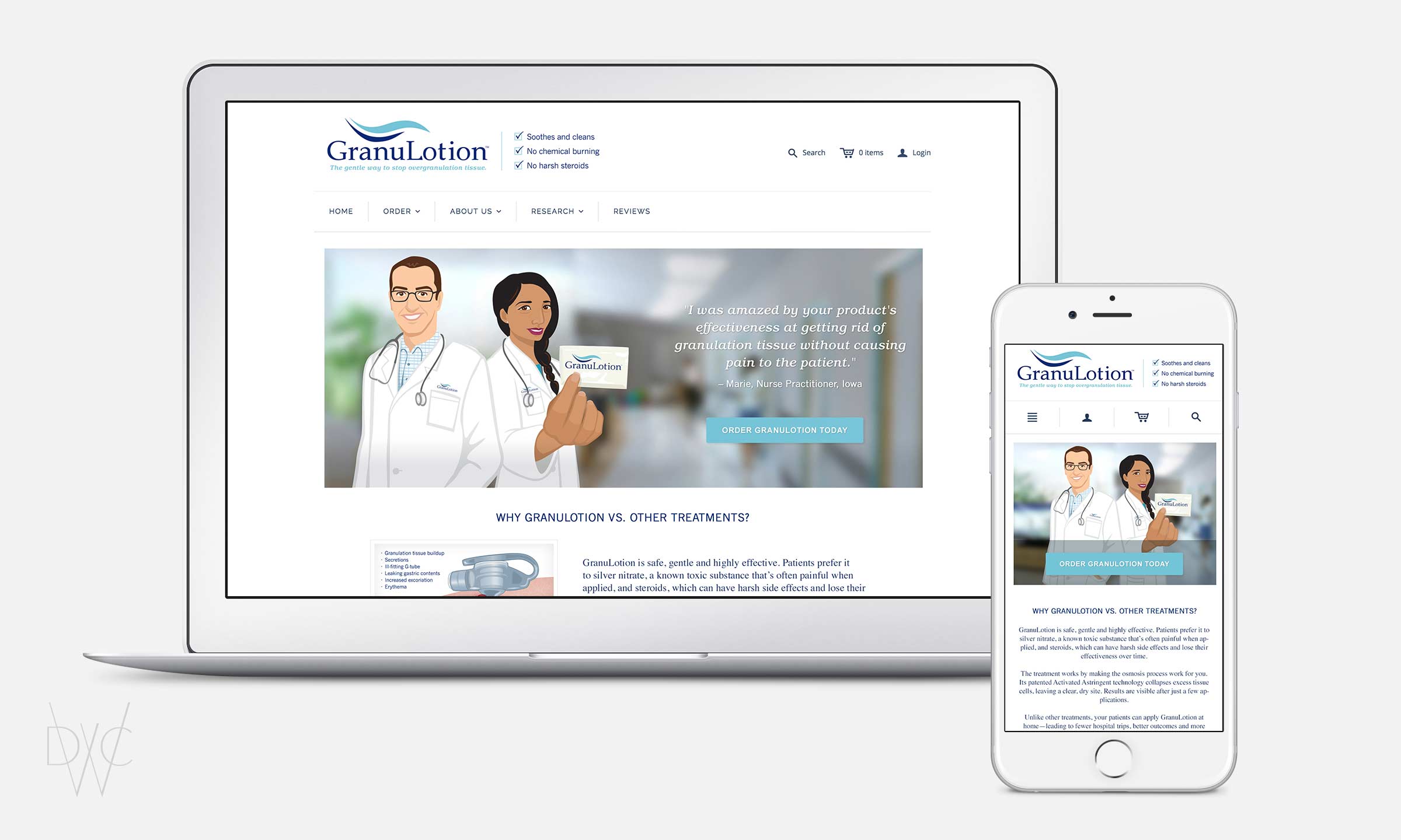 GranuLotion came to DWC with an established identity, however, it was in need of an update. In order to help the company effectively market their product and reach their growth goals, we took a new look at all consumer-facing visuals and messaging. This project was a team effort. Several hands were involved in elevating the brand identity, including a designer, copywriter, illustrator, web developer, and a post-production vendor. The revamp covered a full content refresh from digital to print communications. That included the company’s website, business card, consumer pamphlets, packaging, and presentation deck template.