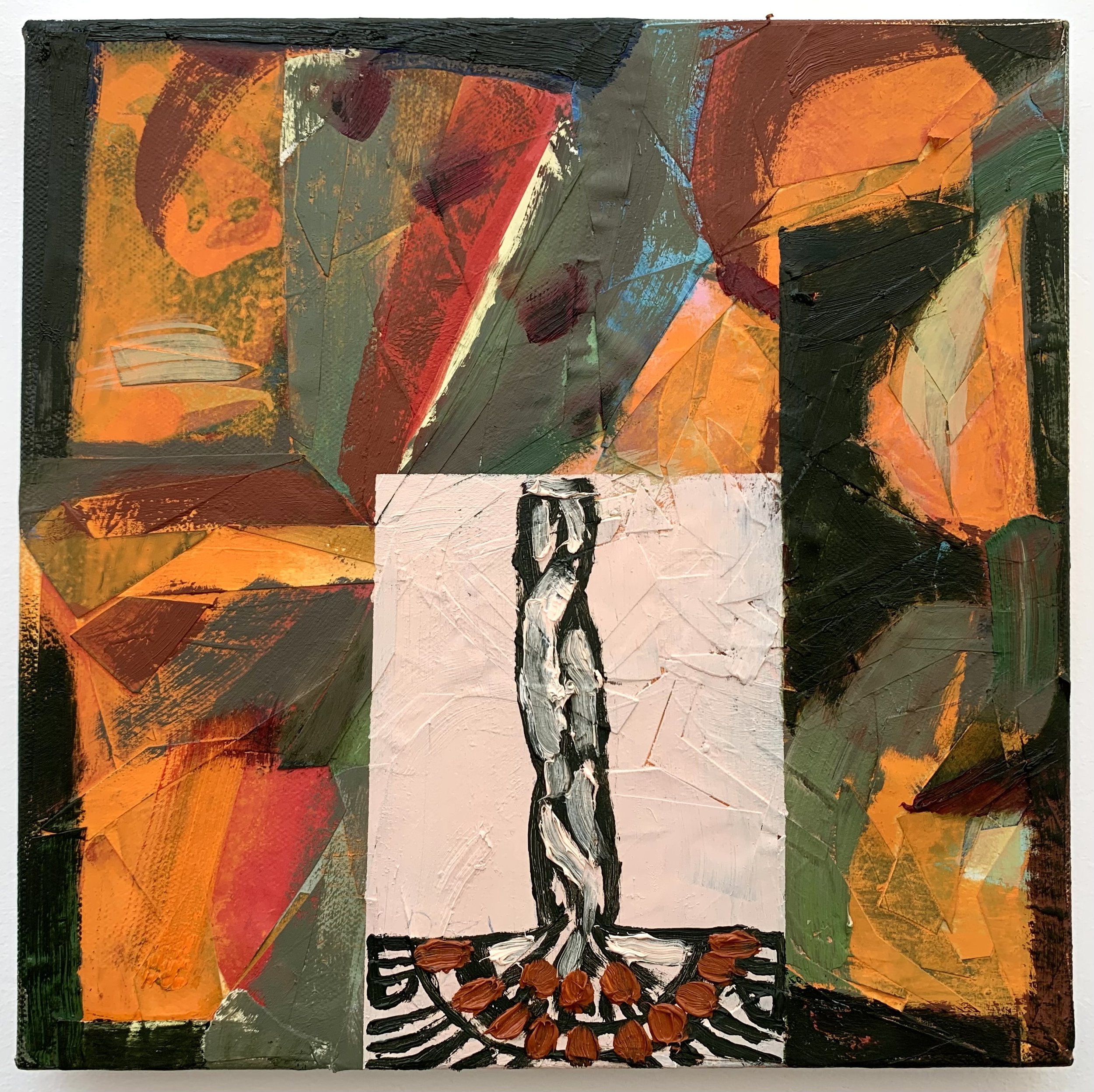   It Started In A Garden,  2022 Acrylic and oil collage on canvas 10 x 10 in. 