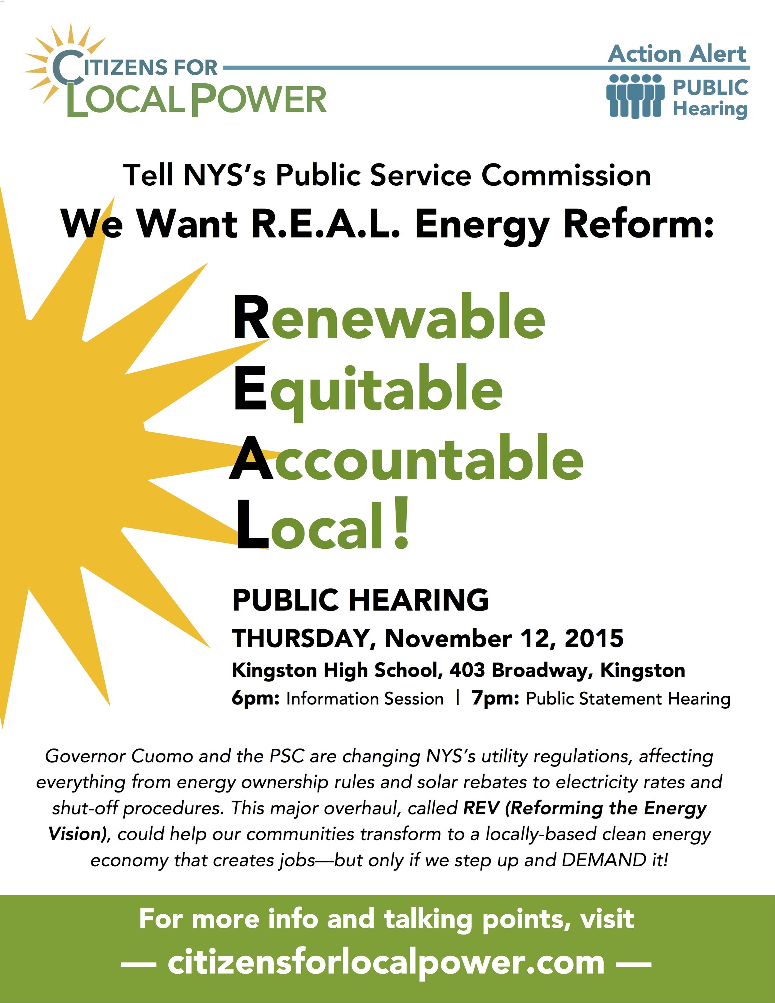 Tell the PSC We Want R.E.A.L. Energy Reform: Renewable, Equitable, Accountable, Local!