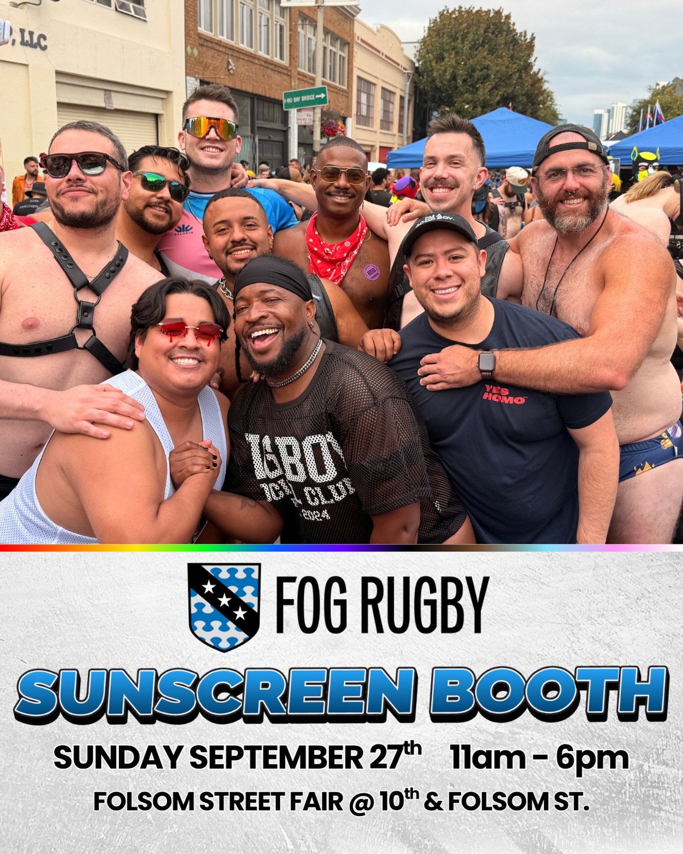 Looking for a rub down? 👀 Come find us Sunday from 11-6pm on the corner of 10th and Folsom for some sunscreen application provided by our lovely FOG ruggers all day long. 🌞 #rollfogroll #fogrugby