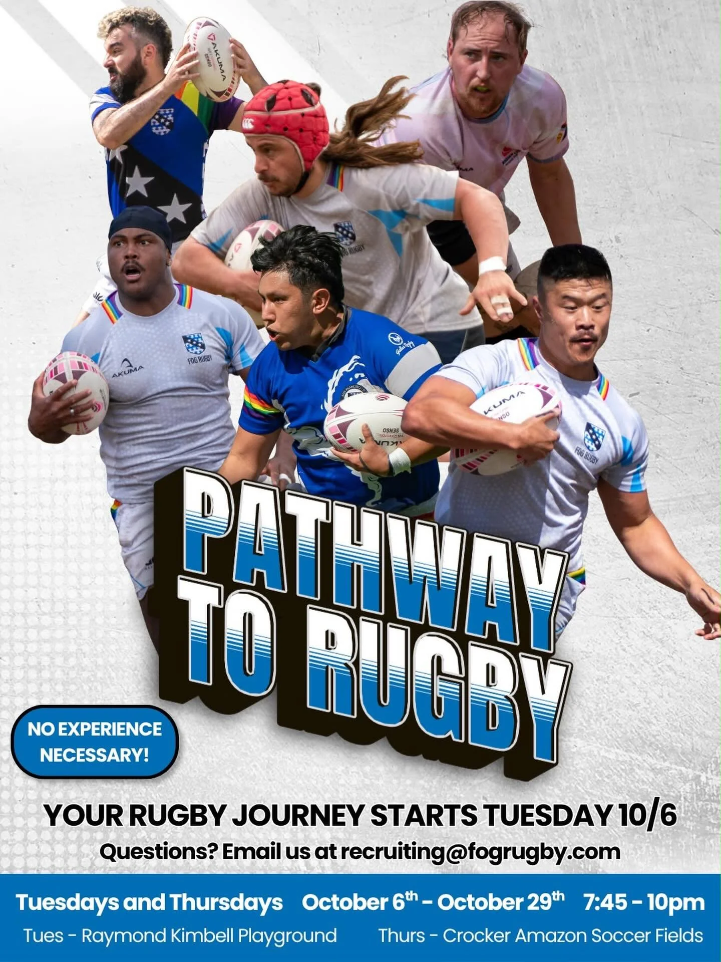 🏉PATHWAY TO RUGBY🏉

🗓️Tuesday, October 6th
⏱️ SHOW UP EARLY @ 7:30 pm. We wrap up at 10:00 pm.
📍(Tuesdays) Raymond Kimbell Playground
📍(Thursdays) Crocker Amazon Soccer Fields

Fresh off the pitch after our most successful season to date, we&rsq
