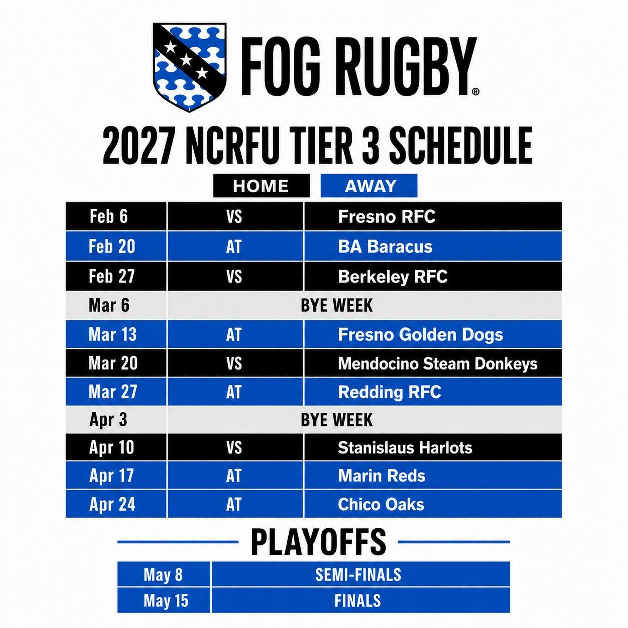 2027 is on the calendar. 🗓️🏉

Fresh off a third-place finish at the 2026 Bingham Cup in Brisbane, Australia, the Fog is back for its next @thencrfu campaign. Our Tier 3 schedule has four home games, five on the road, and one goal: still be playing 