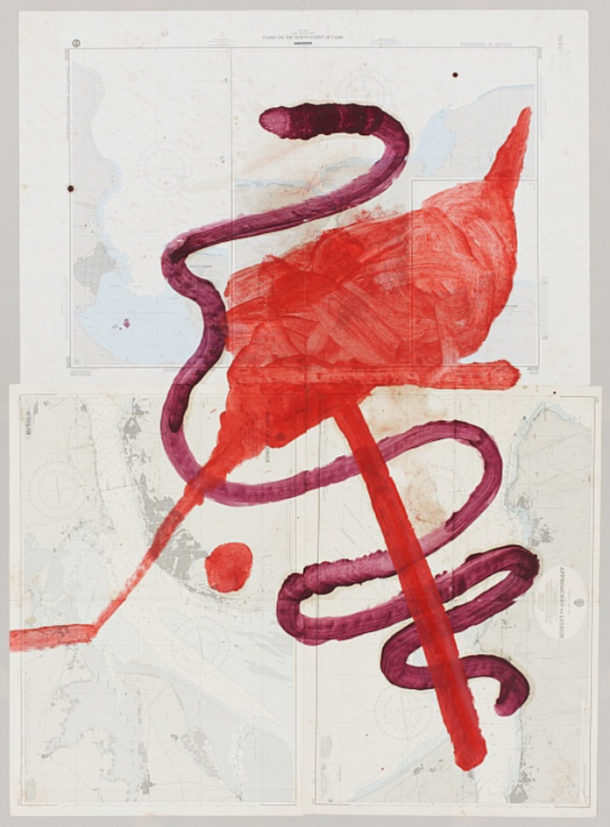 Julian Schnabel, Port of Lisbon 2010 84 1/2 x 64 in Oil on map