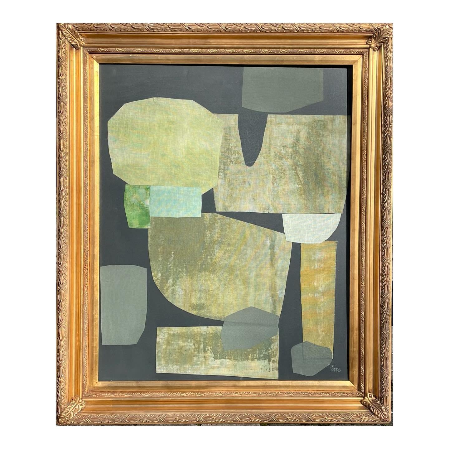 &lsquo;STUDIO GREEN&rsquo;- 34x40 available @designsupplyshop hand dyed linen collage on canvas, framed in vintage 
#jennifergibbsart
#studiogreen 
#collagemyworld