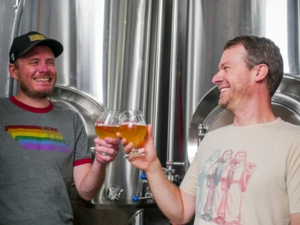 Baere Brewing Co-Founder Ryan Skeel (left) and Thirsty Monk Head Brewer Brian Grace sample their Grisette collaboration