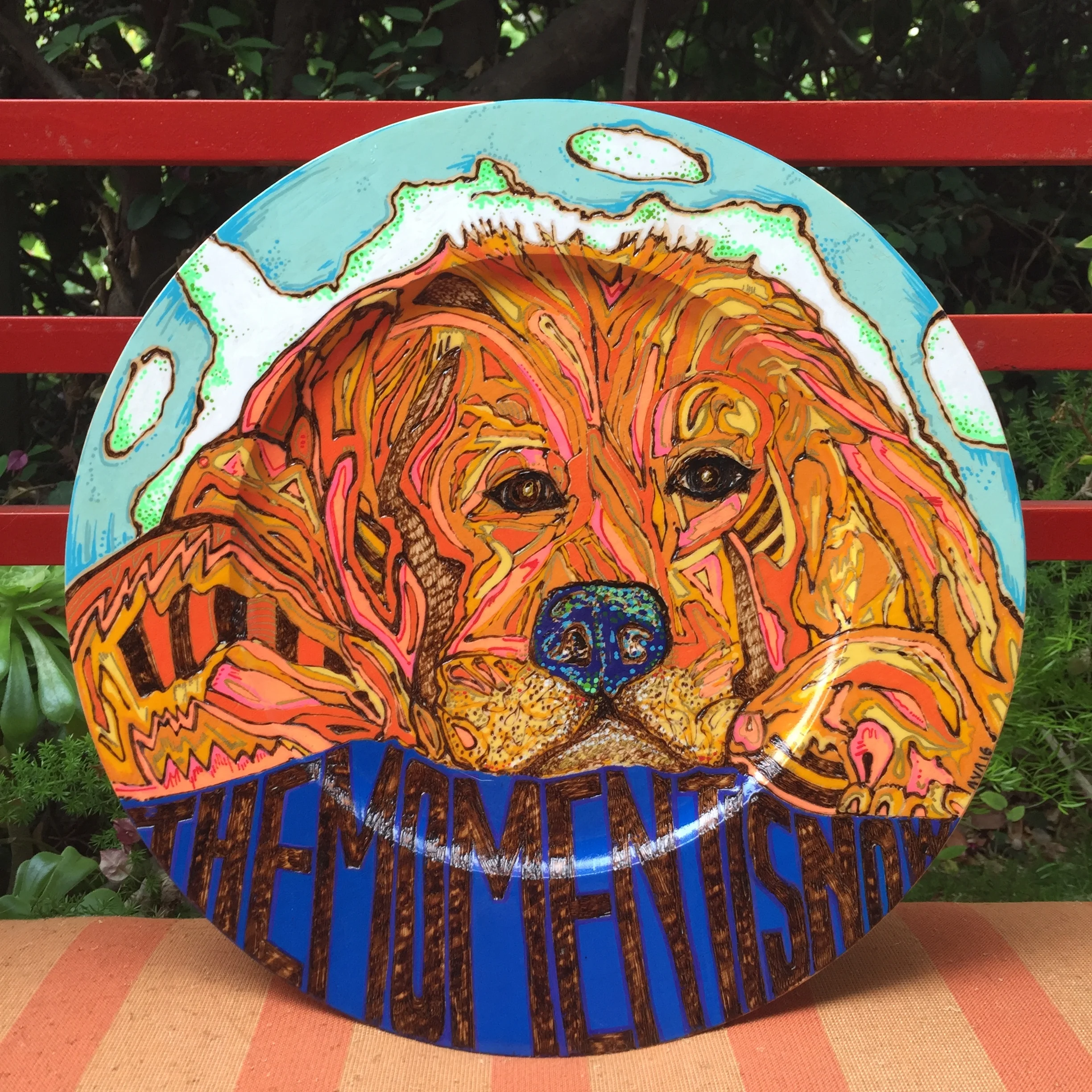  The moment is now says Woo   pyrography and acrylic on on birch plate     2016    12’’ 