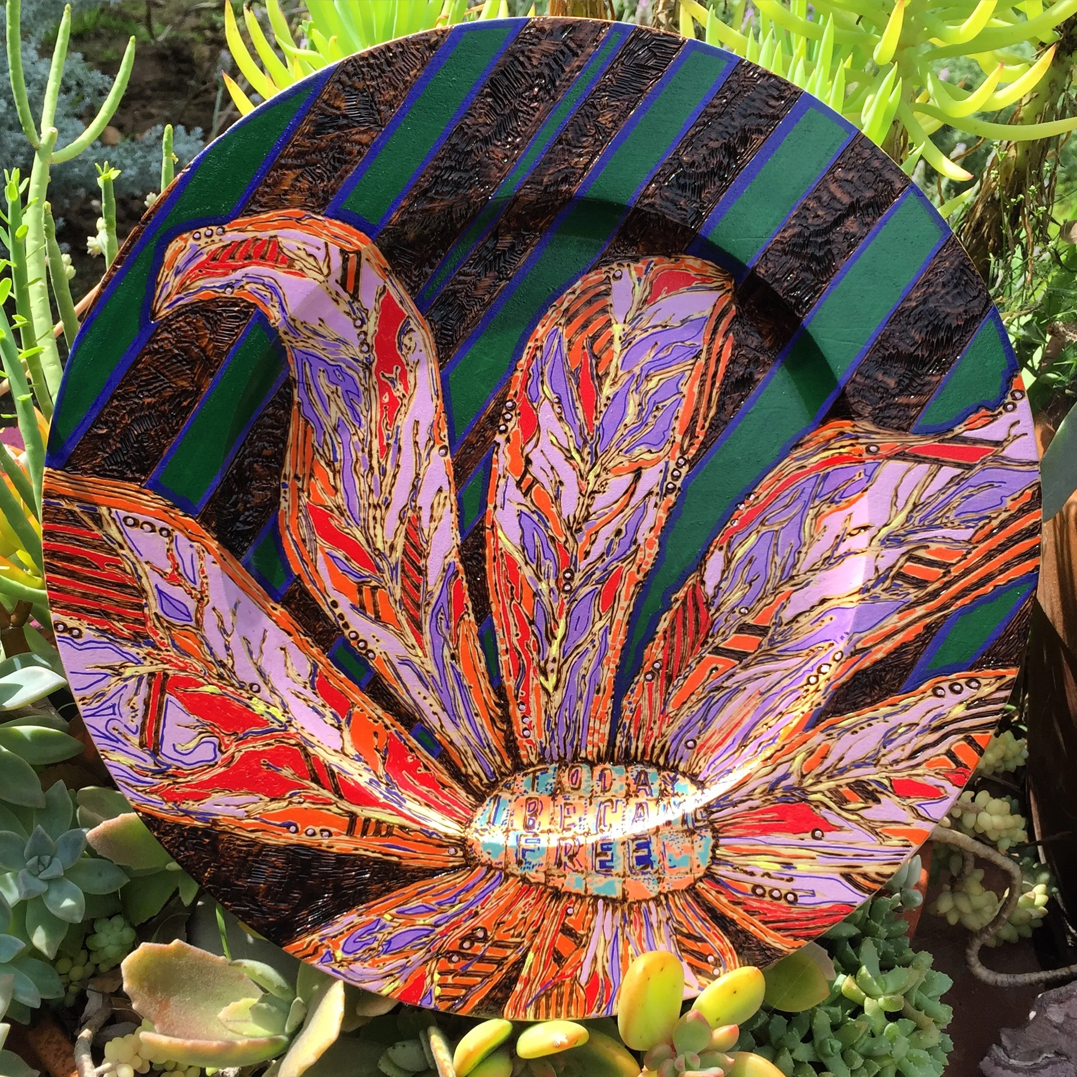  Today I became free    pyrography and acrylic on birch plate     2016    12’’ 