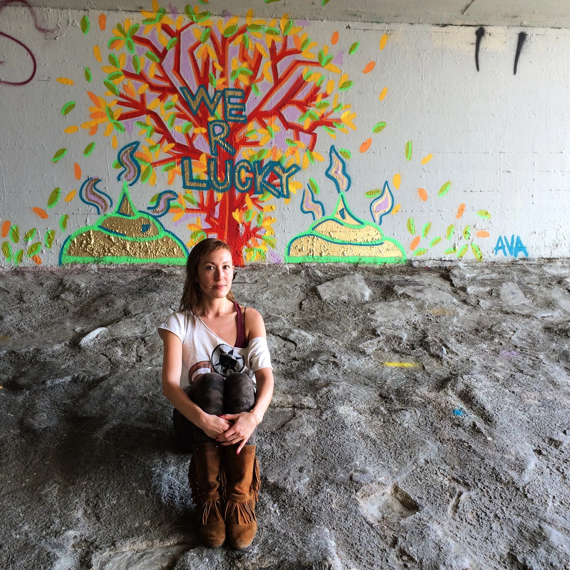  we r lucky shits   wall painting montana and sugar paint cans     2016    22’ x 6’   